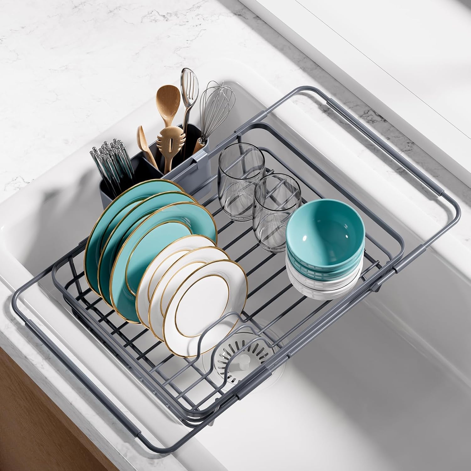 Extendable Dish Drying Rack Over Sink with Dish Drainer, Sink Organization and Storage Essentials with Silverware & Utensil Holder, Home and Apartment Decor, 12" W x 16.1~23" L, White