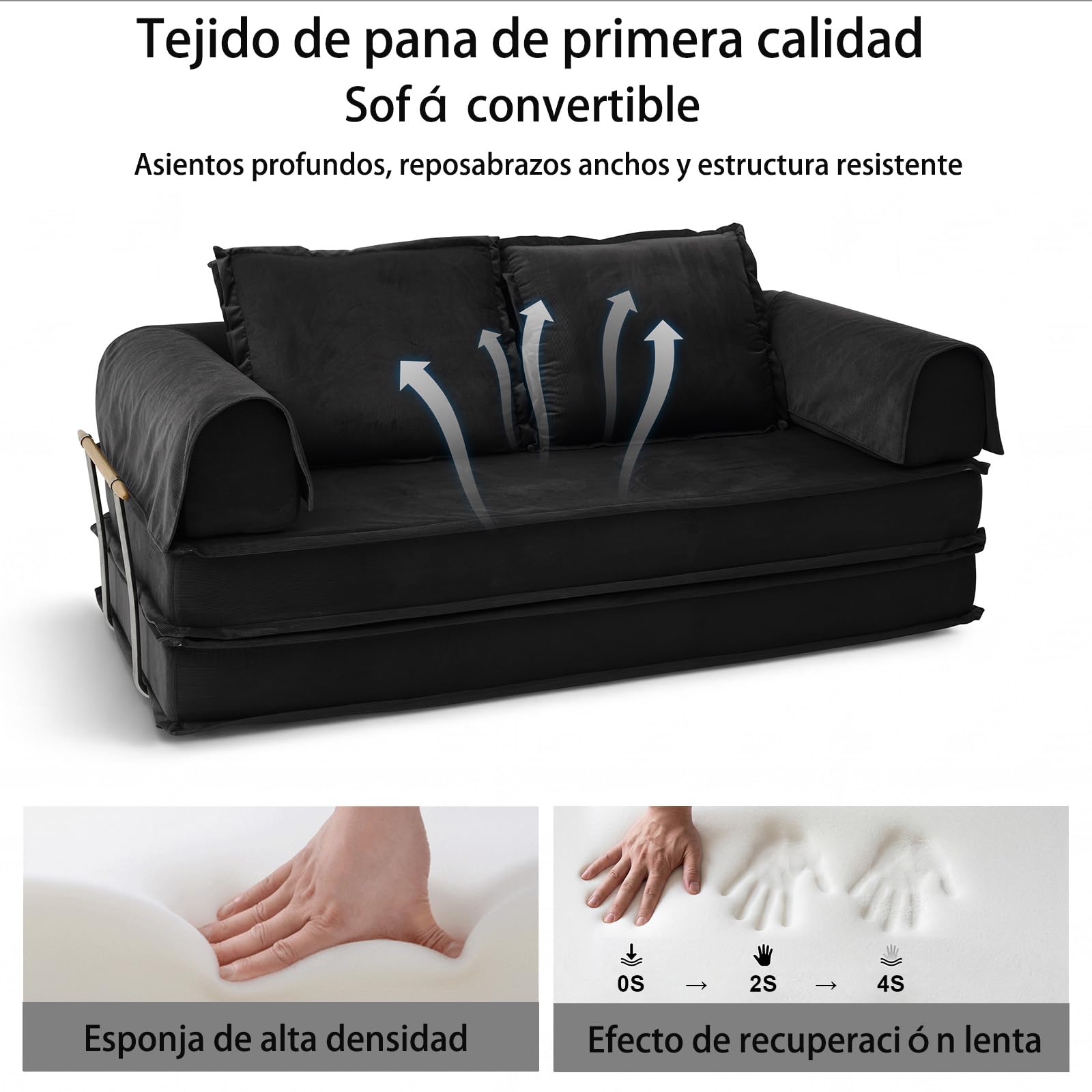 Vipbear 200cm Sofá Cama, Modular Desmontable Plegable 5 en 1, de Pana de Primera Calidad, Sofá Cama 3 Plazas Ideal para Espacios Reducidos, Negro