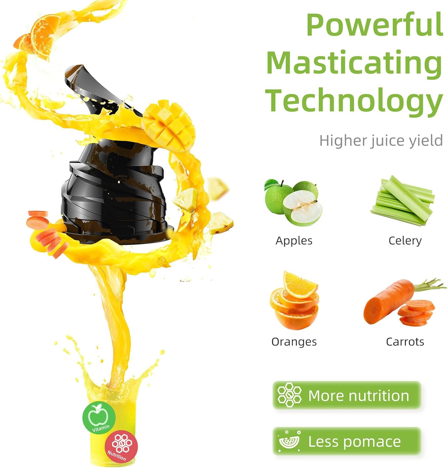 Cold Press Juicer, Single Auger Slow Masticating Machine with 800 Ml Juice Cup and 600 Ml Dregs Cup, for Fruits & Vegetables, High Juice Yield, Detachable Design