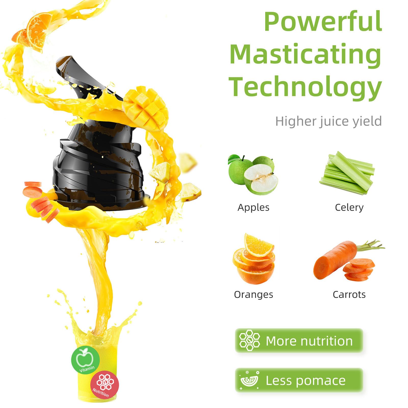 Estrattore di Succo A Freddo da 200 W, Separa Automaticamente Succo E Residui, con Funzione avanti E Indietro, Estrattore di Succo Lento Automatico, Design Rimovibile