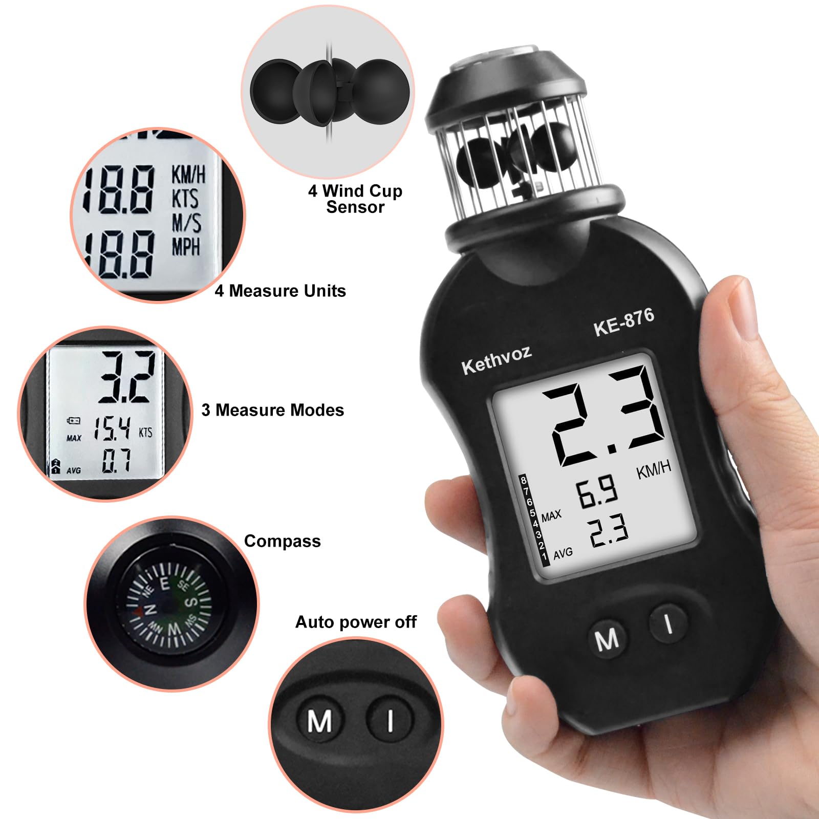 Kethvoz Anémomètre Numérique de Compteur de Vent, Jauge Anemometer de Vitesse de Vent de Coupe Portative Mesure le Débit d'air pour la Voile, le Drone les Activités de Plein Air 876
