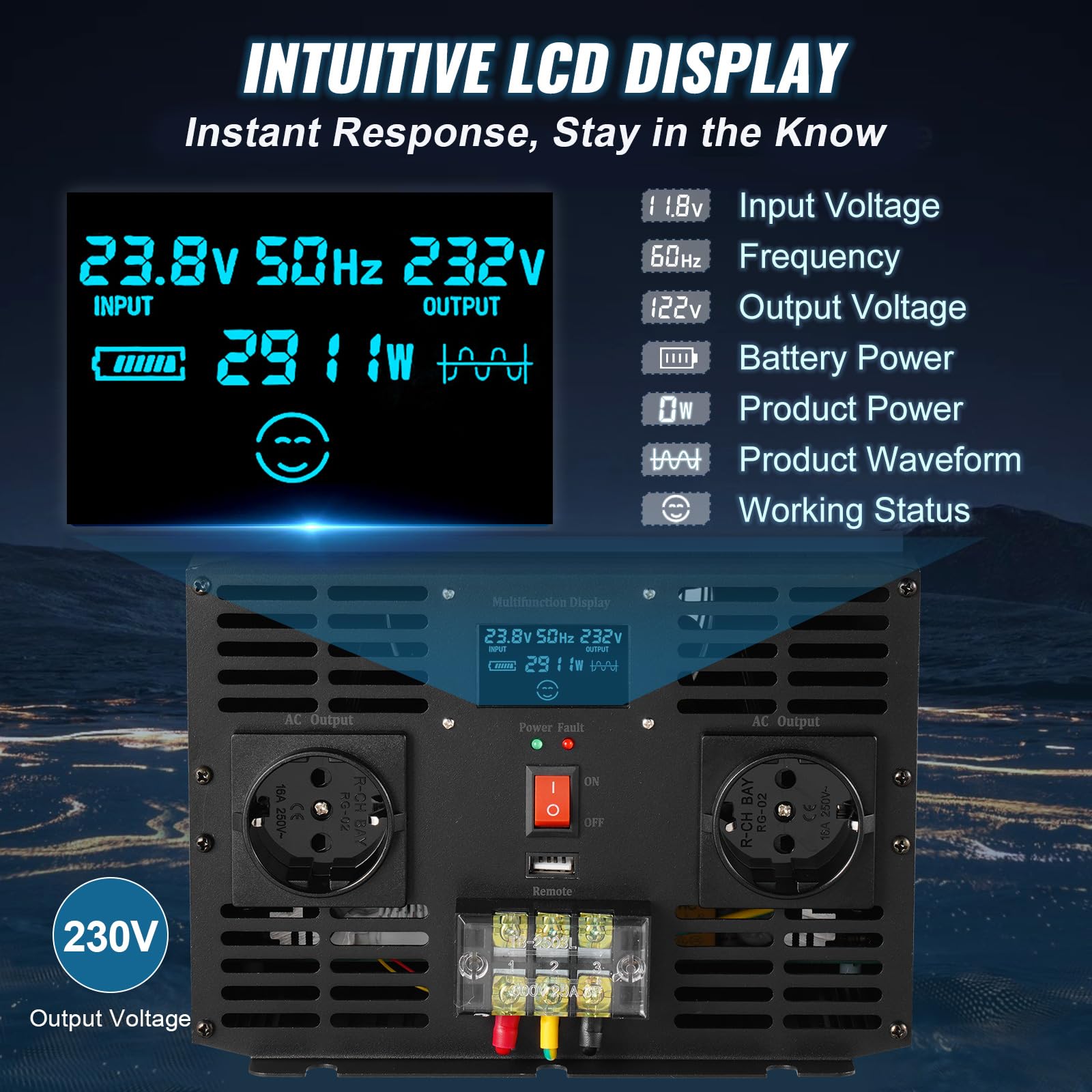 VEVOR Invertitore a Onda Sinusoidale Pura, 3000 W Invertitore di Potenza, DC 24 V a AC 230 V Invertitore per Auto con Schermo LCD Porta USB, Telecomando, per Camper Sistema Solare Viaggio Campeggio
