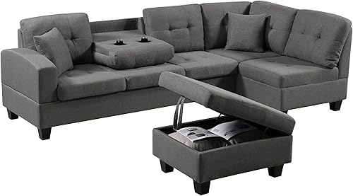 Miniatura 2 de EMKK Juegos de muebles de sala de estar, sofá seccional moderno en forma de L con 2 almohadas y otomana, sofá tapizado de tela extra ancha diván