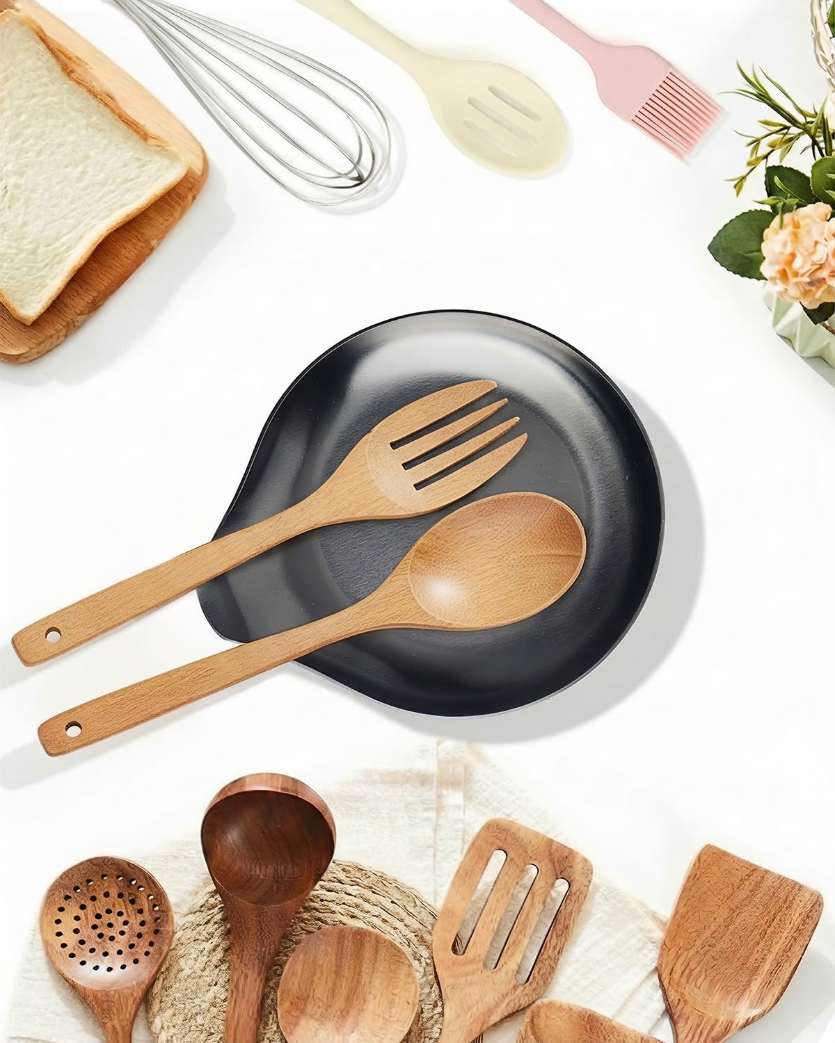 VanlonPro Stainless Steel Spoon Rest, Spatula Ladle Holder, Stainless Steel Utensil Spoon Rest Holder, Brushed Finish, Dishwasher Safe 5.9 x 5.1 Inch (Round Black 1PC) image 5
