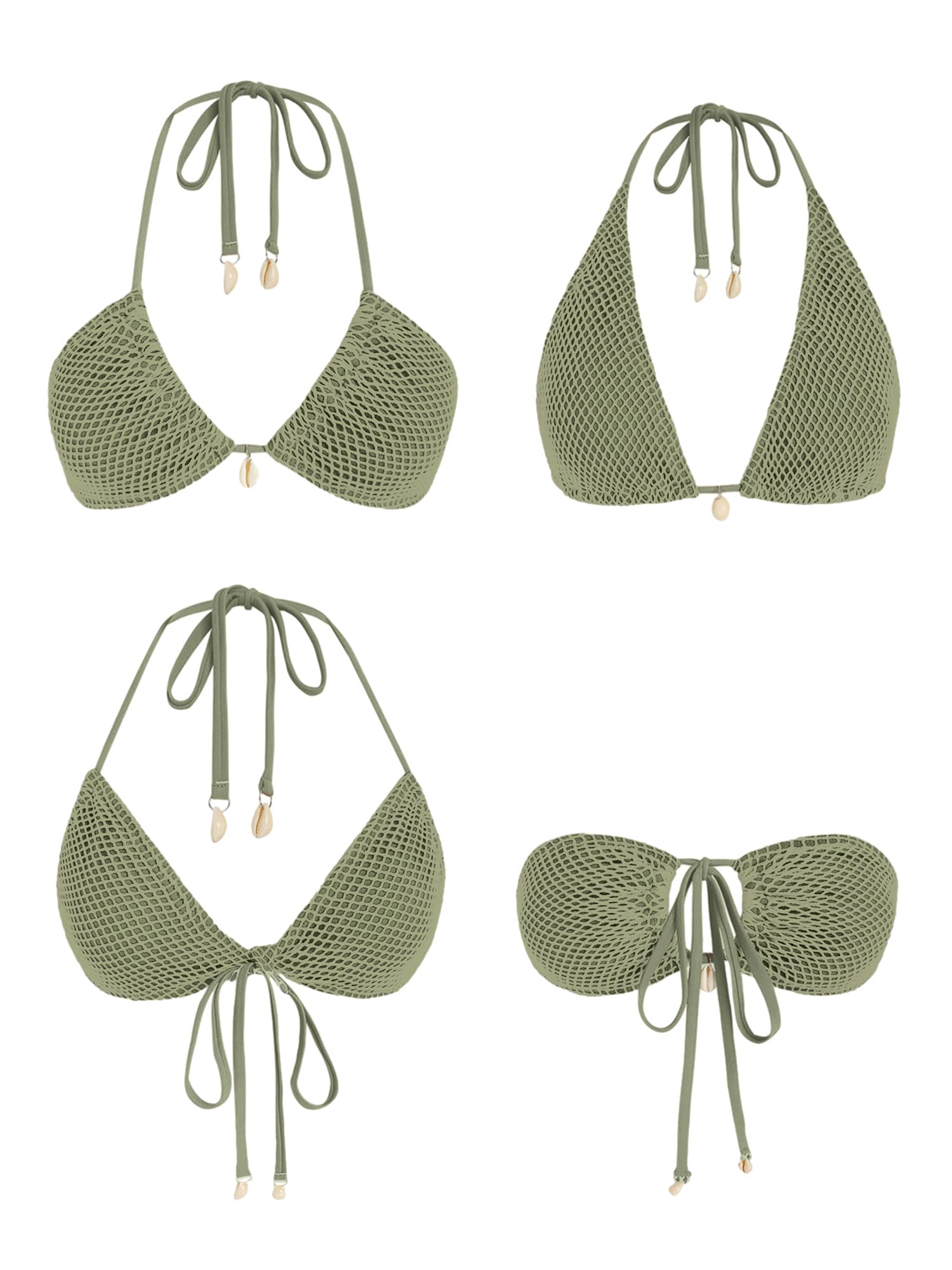 ZAFUL Women's Bikini Set Fishnet Triangle Tie Convertible Collar Halter Bandeau Shell Two Piece Bathing Suit: Medium Green