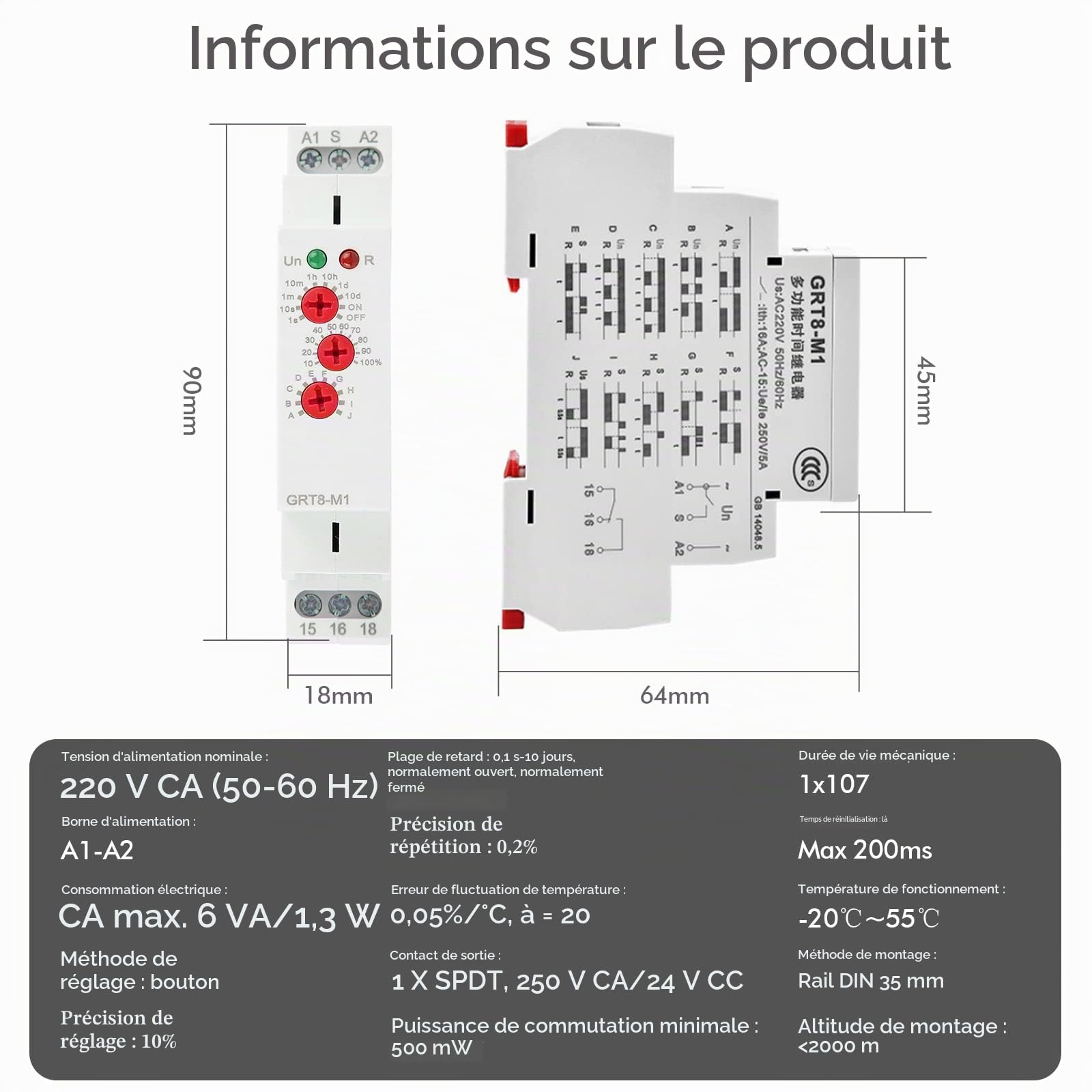 Relais temporisé GRT8-M1 Relais temporisé multifonctionnel avec 10 fonctions Montage sur rail DIN pour équipement industriel contrôle d'éclairage moteur (AC 230V)