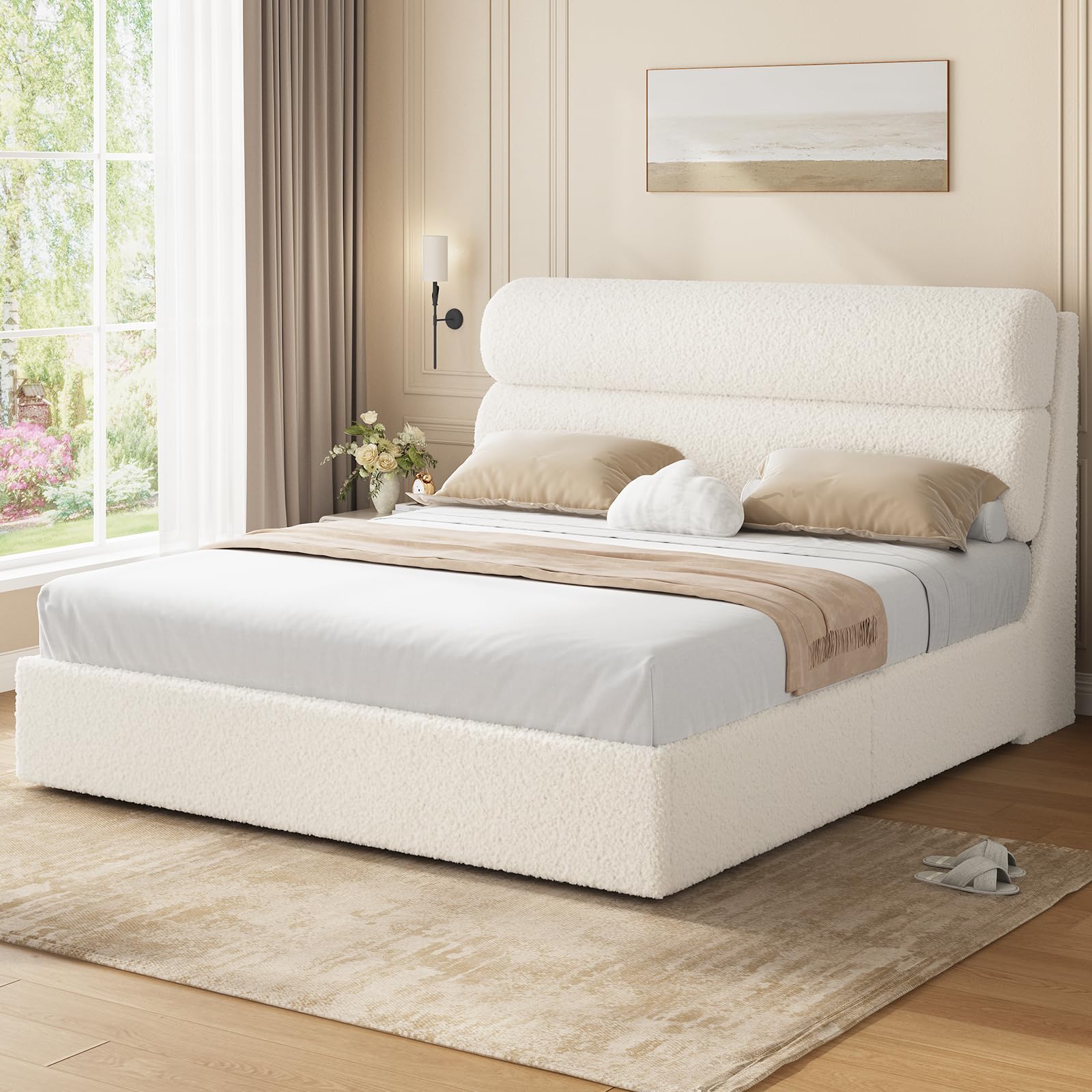 DICTAC Boucle King Bed Frame with Headboard Upholstered Platform Bed with Wood Slats Soft Cloud Bed King Size