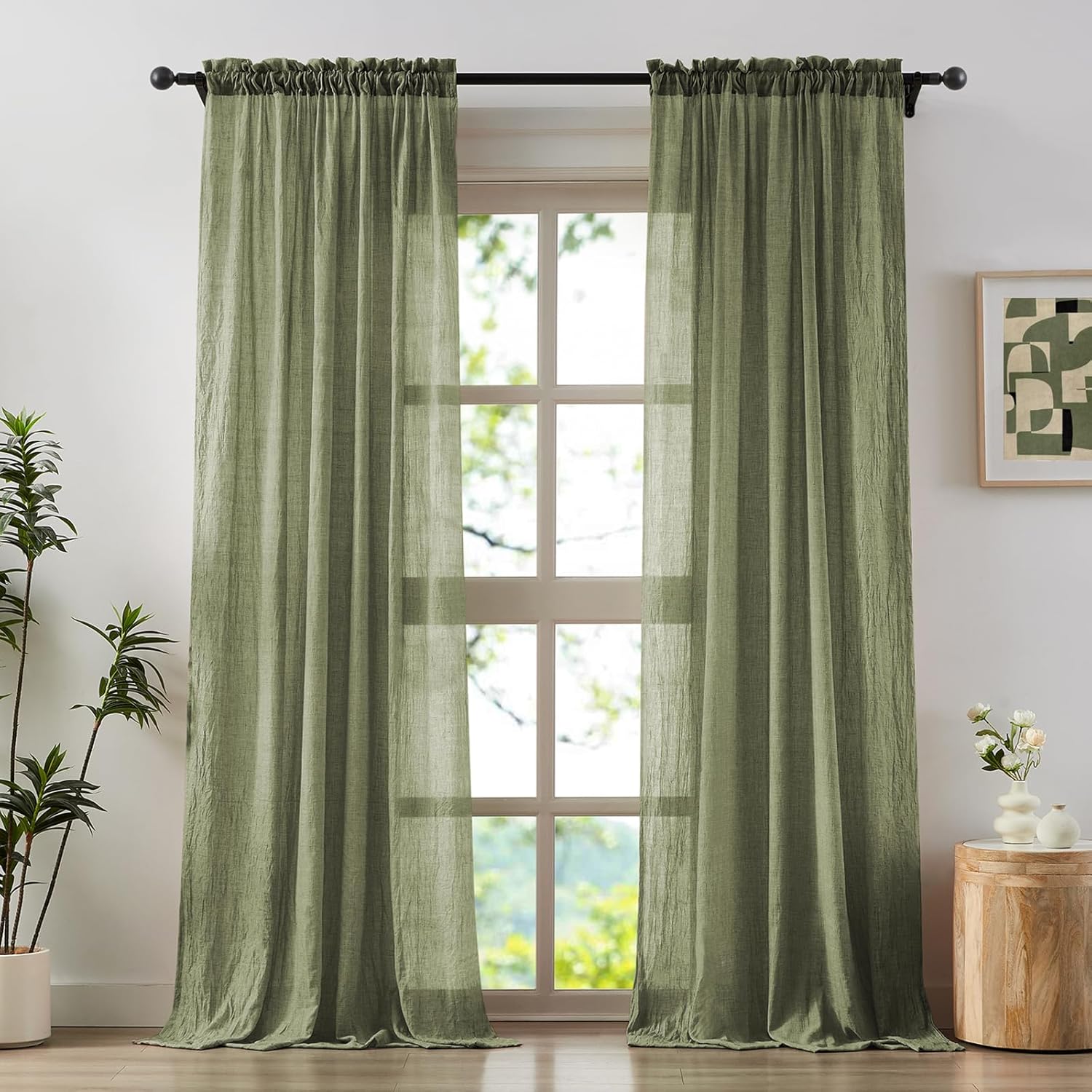 Sage Green Sheer Curtains 84 Inches Long Cotton Linen Textured for Living Room, Bedroom Light Filtering Privacy Sheer Drapes Natural Rod Pocket Rustic Voile Curtains, W52 x L84 in, 2 Panels