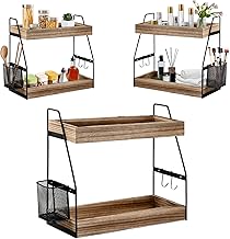 2 Spice Racks, 35.5 x 17 x 33 cm, Bathroom Shelf, Coffee Kitchen Corner with Hanging Basket and 2 Hooks, Wooden Worktop, Cup Holder for Dining Room Toilet
