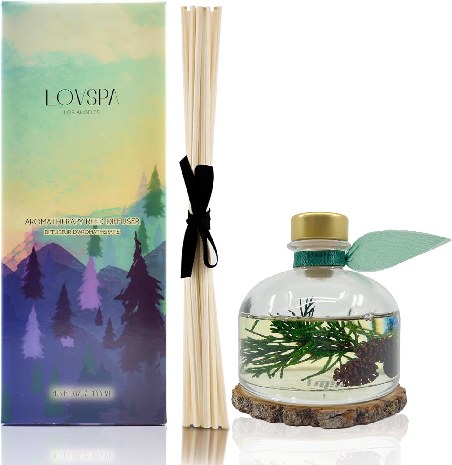 LOVSPA Reed Diffuser Set, Winter Forest Pine Scented Oil Diffuser with Sticks and Wooden Coaster, Bathroom Shelf Decor Made with Real Botanicals, USA Made - Image 2