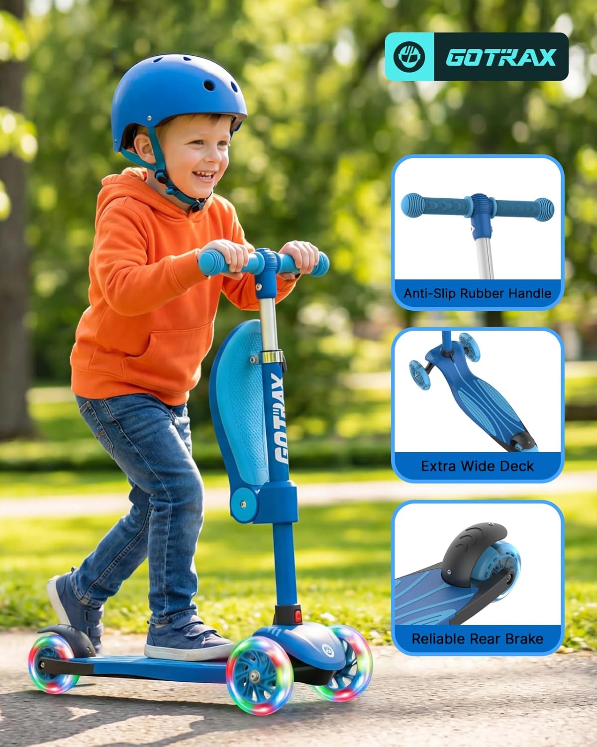 Gotrax KS3 Kids Kick Scooter, LED Lighted Wheels, Adjustable Height Handlebars and Removable Seat, Lean-to-Steer & Widen Anti-Slip Deck, 3 Wheel Scooter for Kids Ages 2-8 and up to 110 Lbs