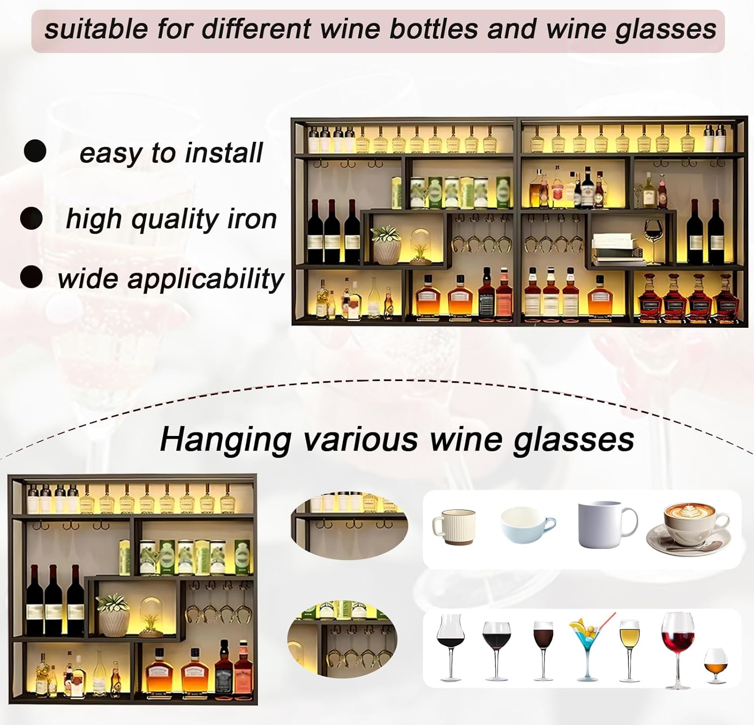 59.1in Wall Mounted Wine Rack, 4 Tier Wall Mount Bottle Rack with Glass Holder, Industrial Metal Floating Bar Liquor Bottles Display Storage Shelf for Dining Room, Kitchen (Black, A,59.1in)