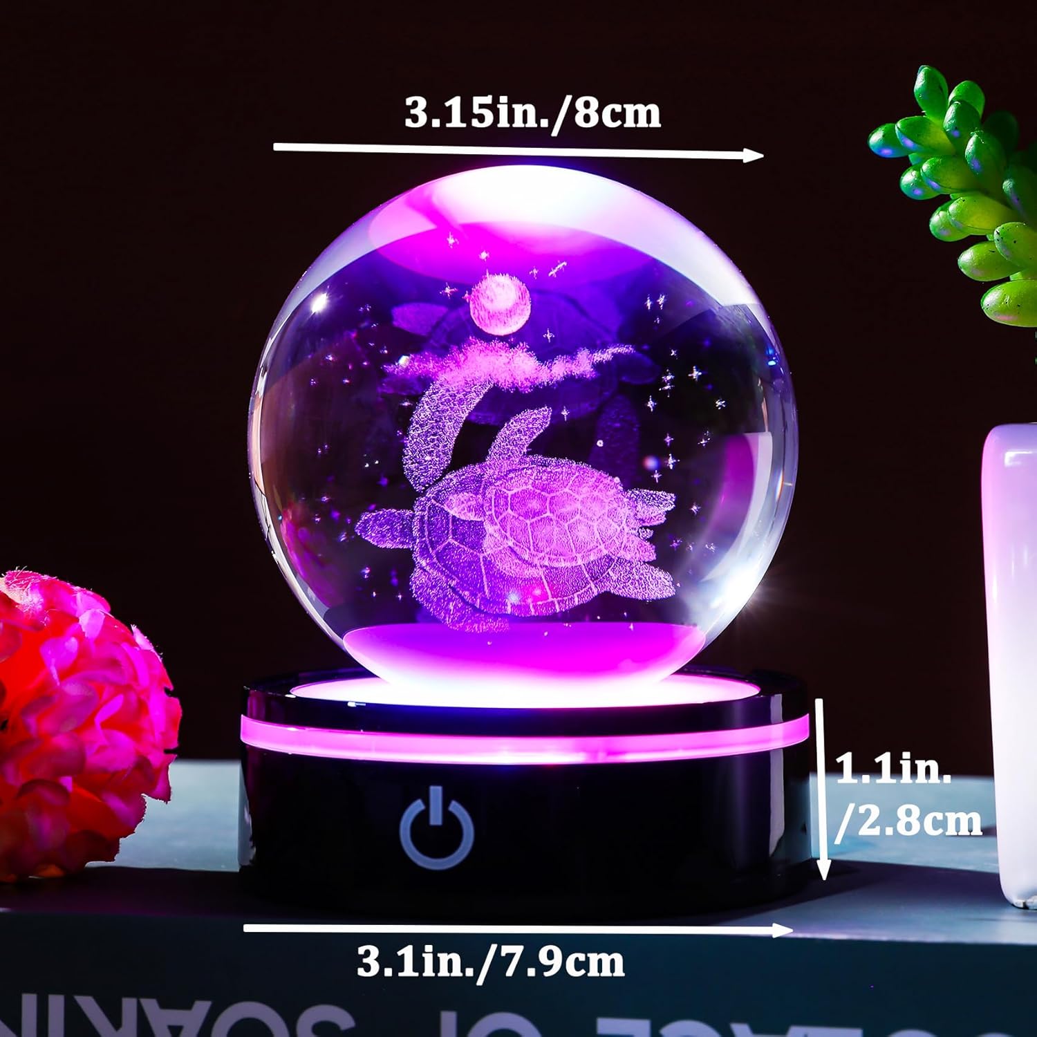 YWHL 3D Sea Turtle Crystal Ball Figurine with LED Base Laser Sea Turtle Gifts for Women Men on Christmas Birthday Decorative Turtle Ball Sea Turtle Glass Globe Night Light for Home Decor (80mm) - Image 5