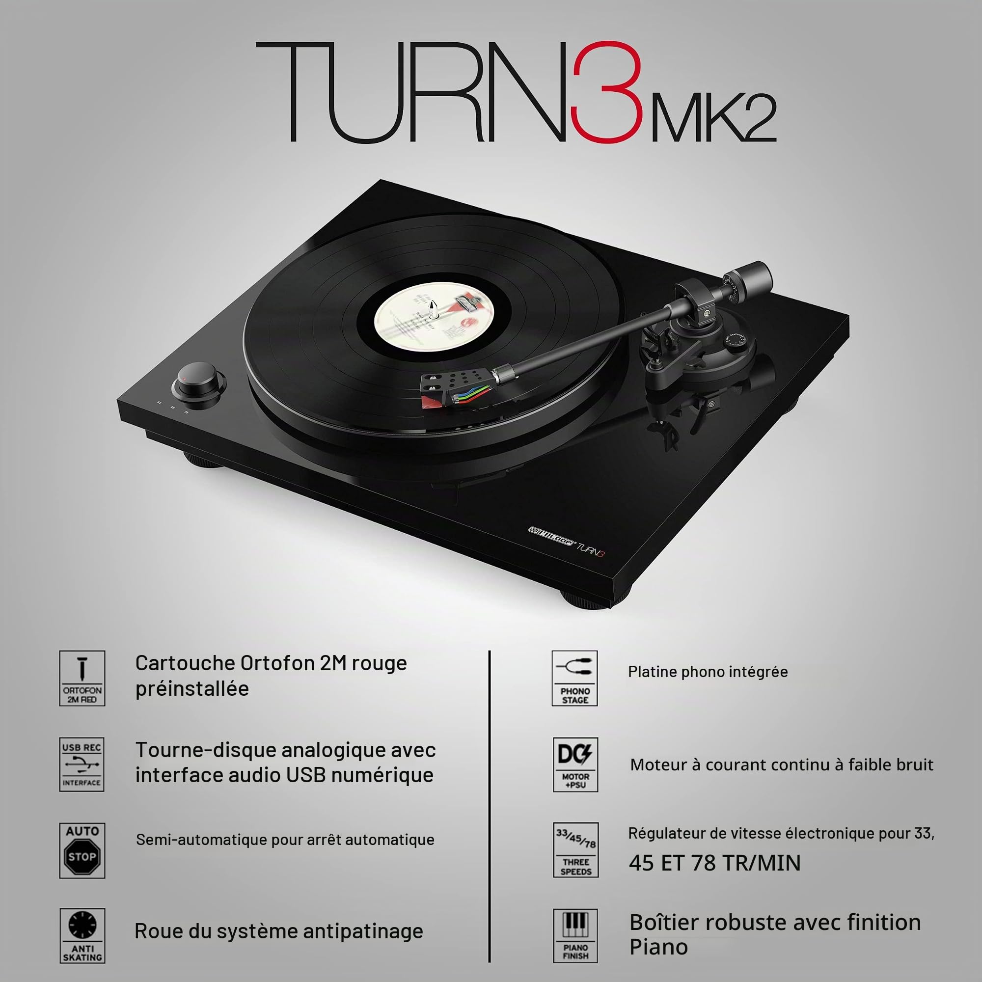 Reloop Turn 3 MK2 | Platine Vinyle Hi-FI Authentique entraînée par Courroie avec Fonction d'enregistrement USB, Système de Cellule Ortofon 2M Red prémonté, Contrôle Moteur intégré (33/45/78 RPM)