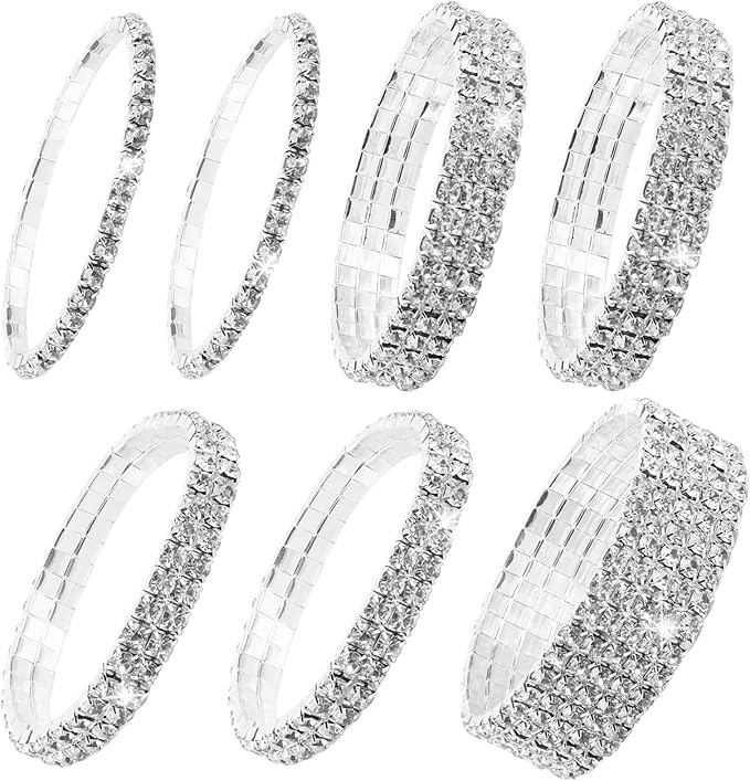 KALIONE 7 Pcs Rhinestone Stretch Bracelet Silver Rhinestone Bangle Stackable Rhinestone Bracelet