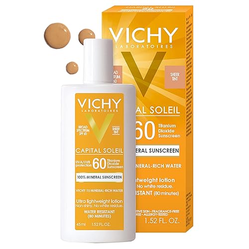 Vichy Capital Soleil - Protector solar mineral tintado para cara, SPF 60, protector solar facial de dióxido de titanio, protector solar de tamaño de
