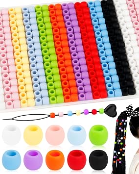 300PCS FIVEIZERO 8x10mm Small Silicone Hair Beads, Soft Rubber Beads with 5mm Large Hole for Hair Braiding, Kandi Pony Bead for DIY Bracelets, Keychains & DIY Crafts