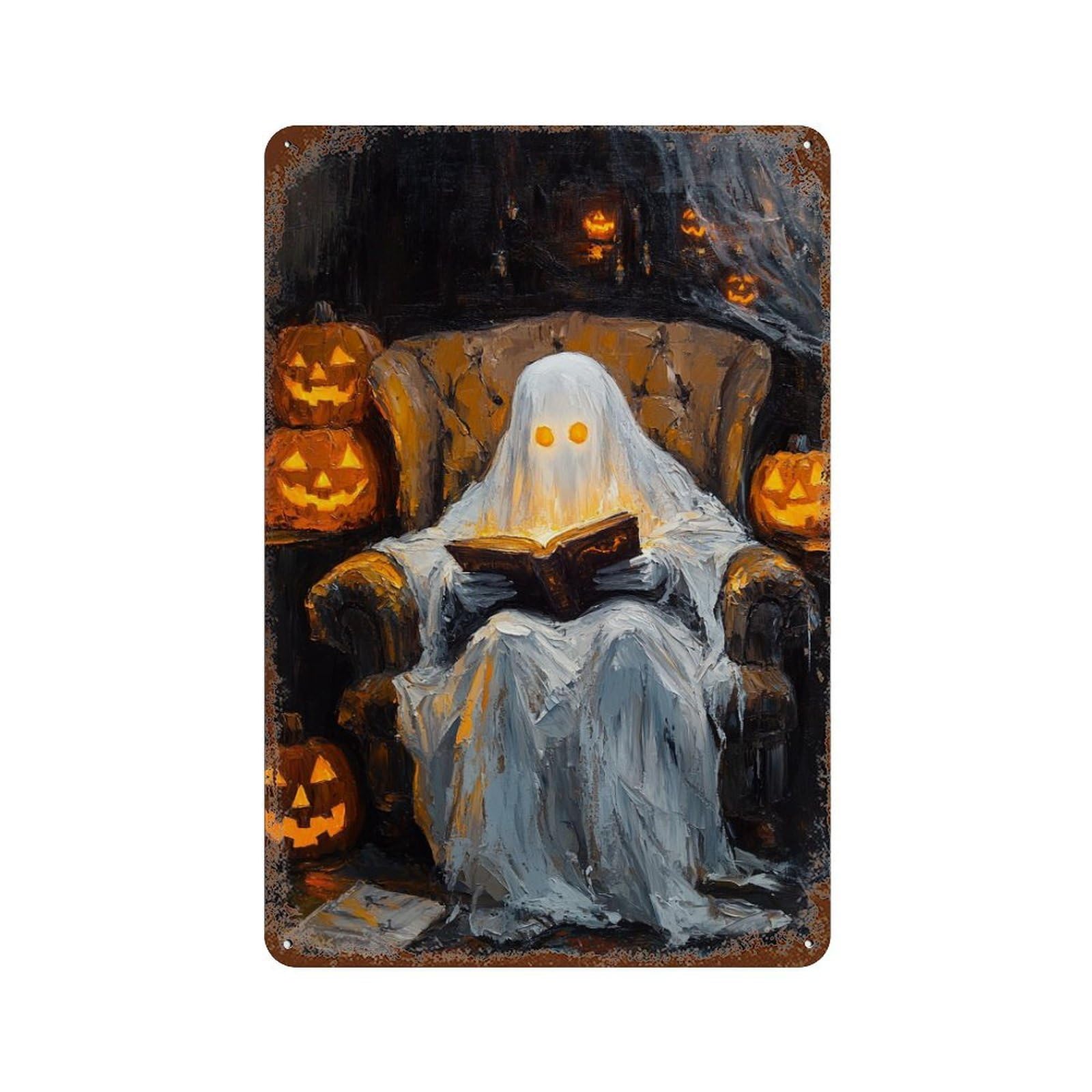 Ghost Reading Book Halloween-1 Decorative Tin Sign 11.8"x7.9", Farmhouse Wall Decor for Garage, Bar And Workshop Decor
