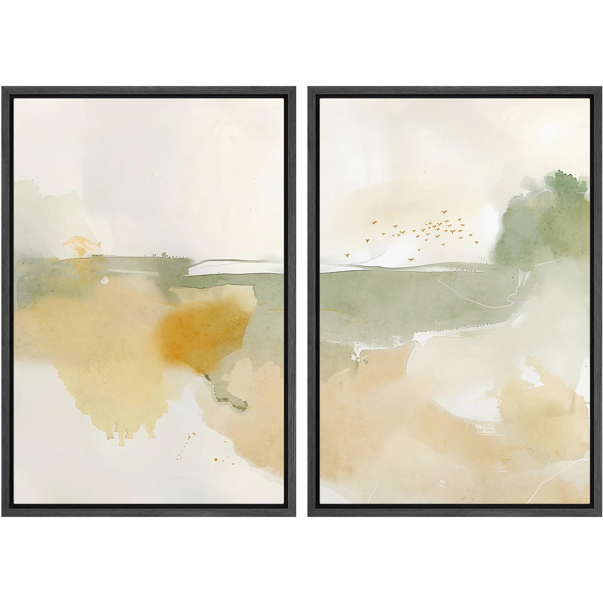 mudecor framed canvas print wall art set abstract watercolor landscape with soft green and yellow tones illustrations modern art decorative for living room, bedroom, office - 24"x36"x2 black