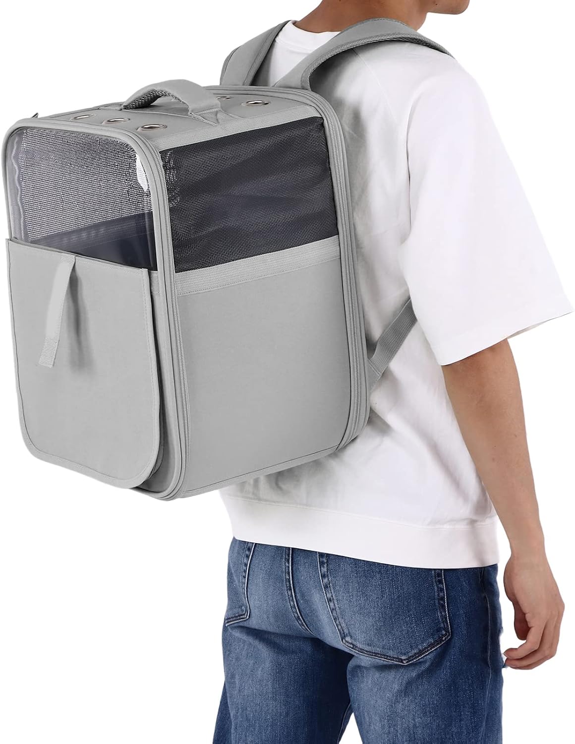 Cat Backpack Carrier Mesh Breathable Pet Backpack with 3 Sided Mesh Design for Small Dog Cat Rabbit Portable Cattery and Dog Kennel Polyester Material 31x26x42cm (Gray)