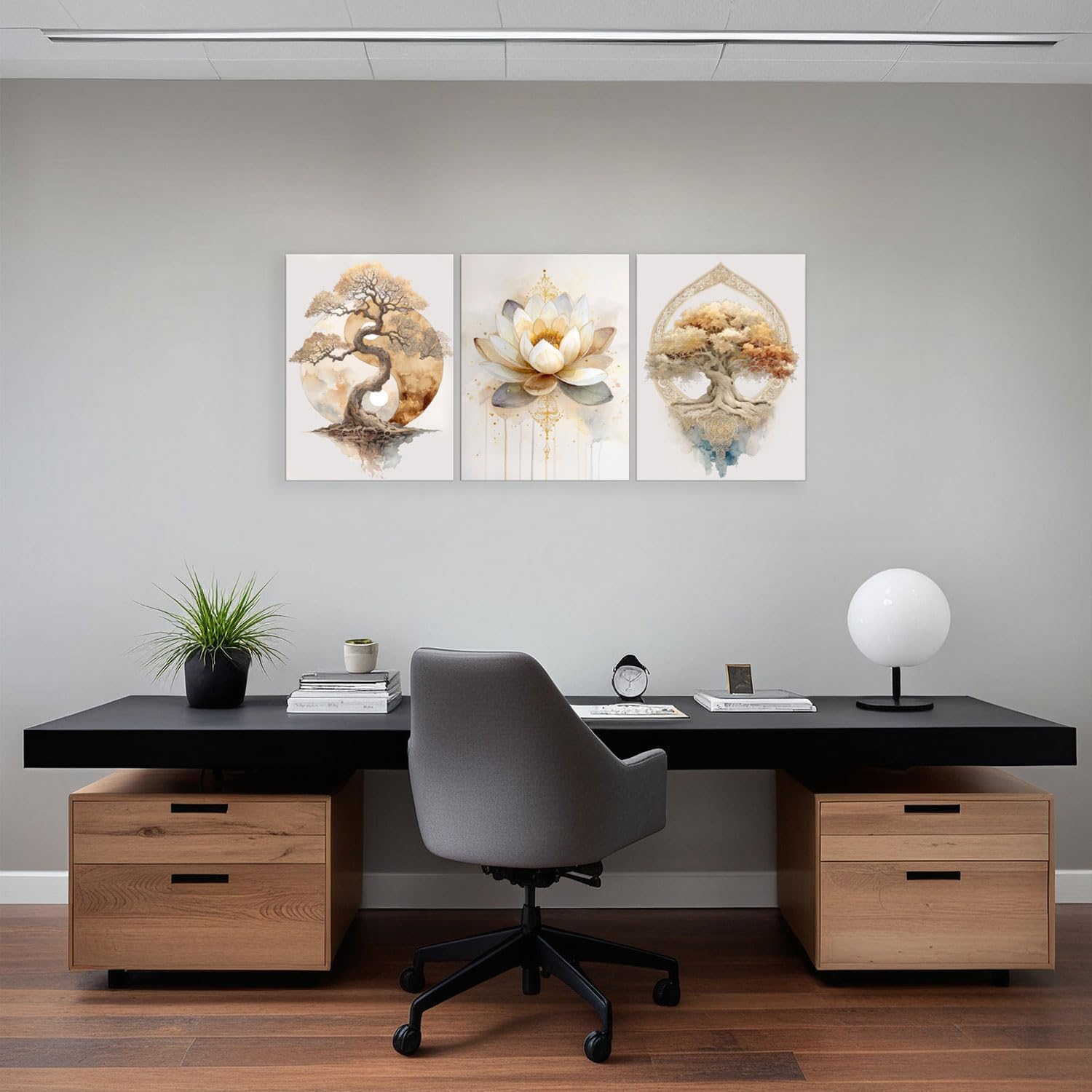 Tree of Life Zen Wall Art Abstract Lotus Framed Prints, Calming Yin Yang Canvas Spiritual Design for Living Room Yoga Meditation Space Bathroom, Set of 3, 16x24 Inch - Ready to Hang