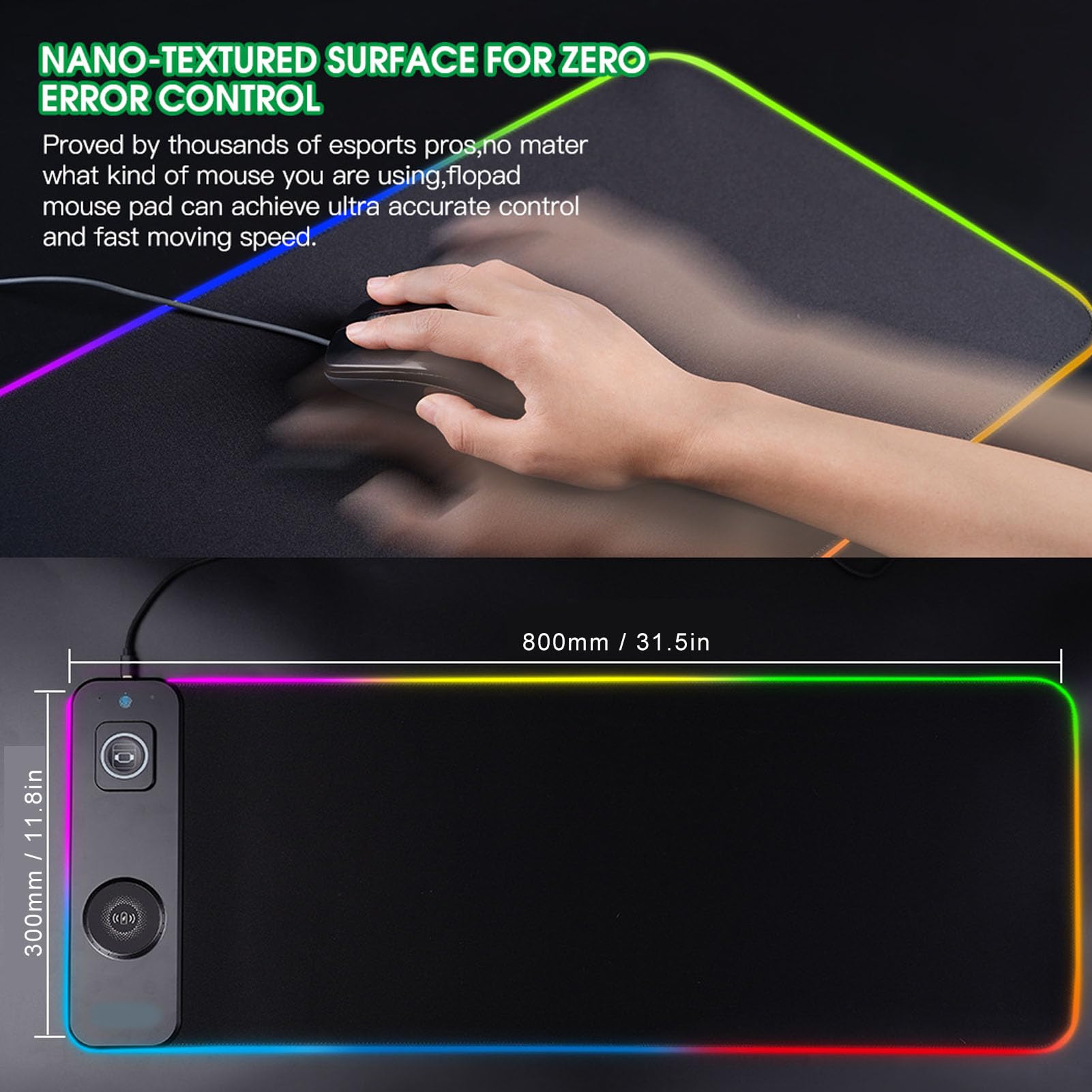 Haofy RGB Large Mouse Pad con Caricabatterie Wireless da 15w di Ricarica Rapida, Tastiera Tastiera per Computer Anti -slip 800 X 300 Mm, Tappetino da Gioco a LED per PC Laptop Desk