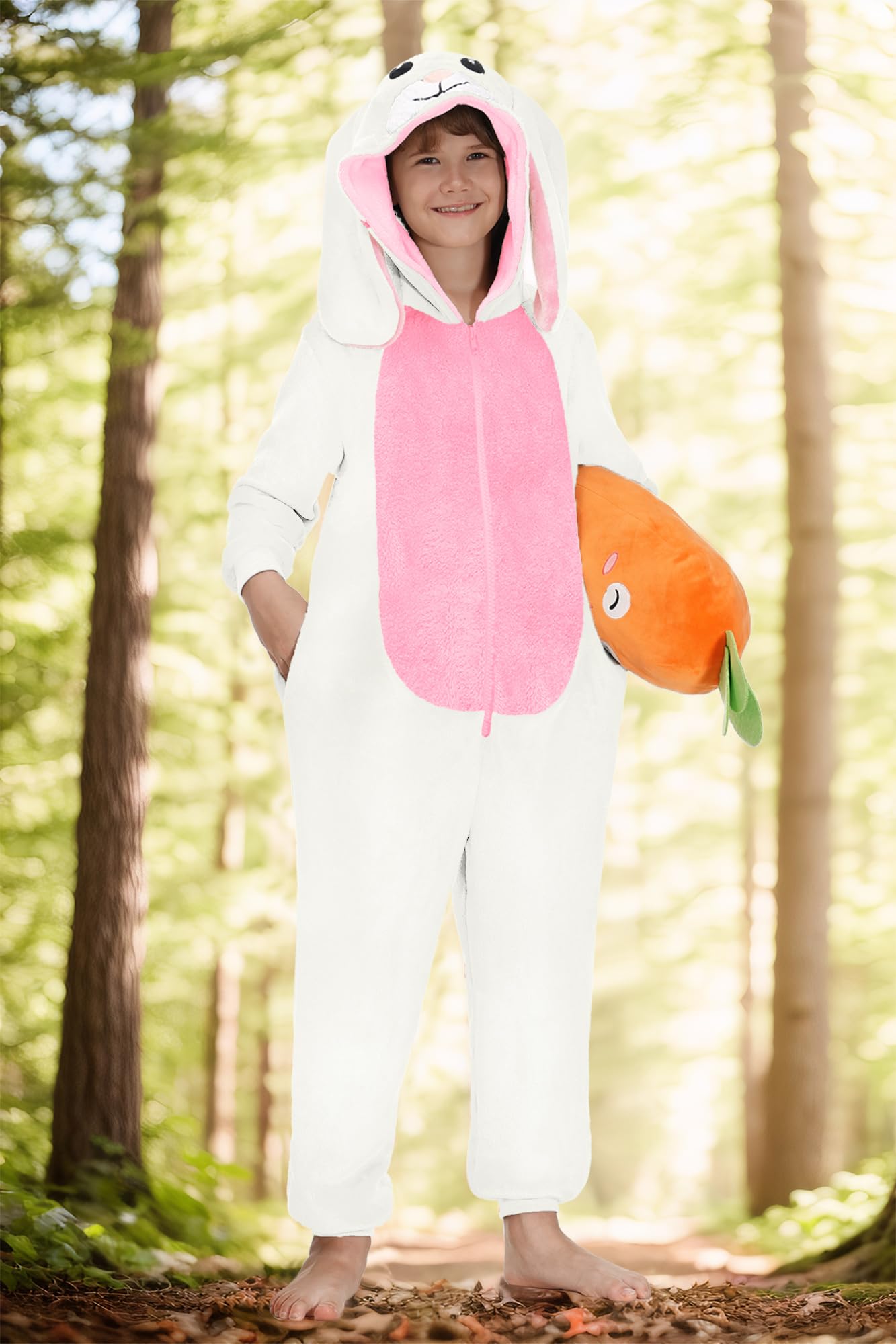 BesserBay Tuta intera unisex per bambini, con cappuccio, per Halloween, coniglietto peloso, 4-14 anni, Bianco | Tuta Coniglio, 8 anni