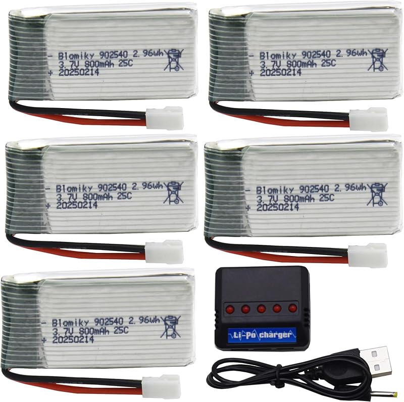 Blomiky Paquete de 5 baterías Li-PO 25C MX2.0 de 3,7 V 800 mAh y caja de placa 4 en 1 para Syma X5SW X5C-1 X5 X5C X5SC H42 T5W H5C CW4 SS40 FQ36 y V931 T32 S5C S5W Aviones teledirigidos de 4 ejes / 3,7 V 800 mAh * 5