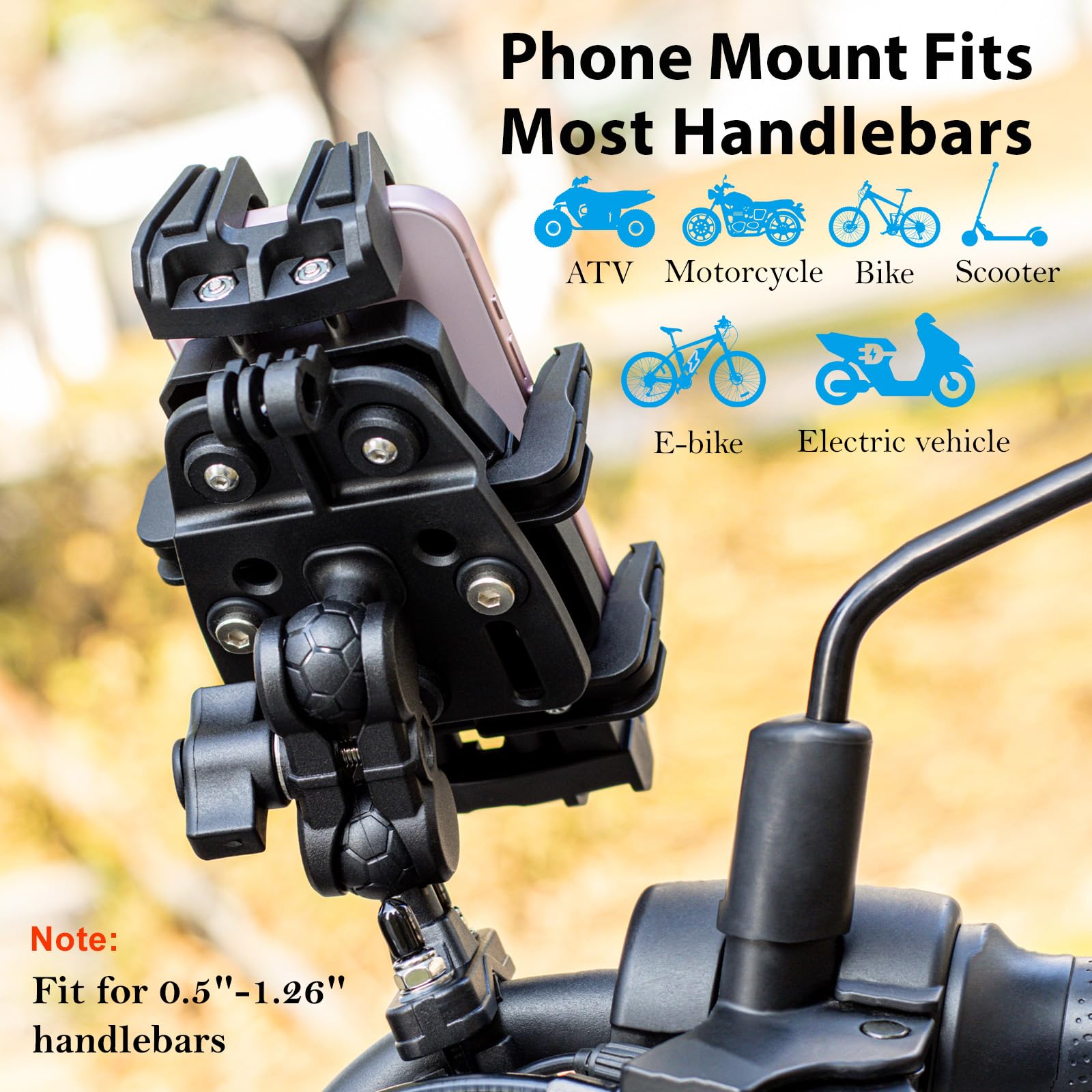 EMERK Soporte para teléfono de motocicleta con amortiguador de vibración, soporte antirrobo para teléfono de motocicleta, soporte para teléfono móvil ajustable para bicicleta, bicicleta, carretera