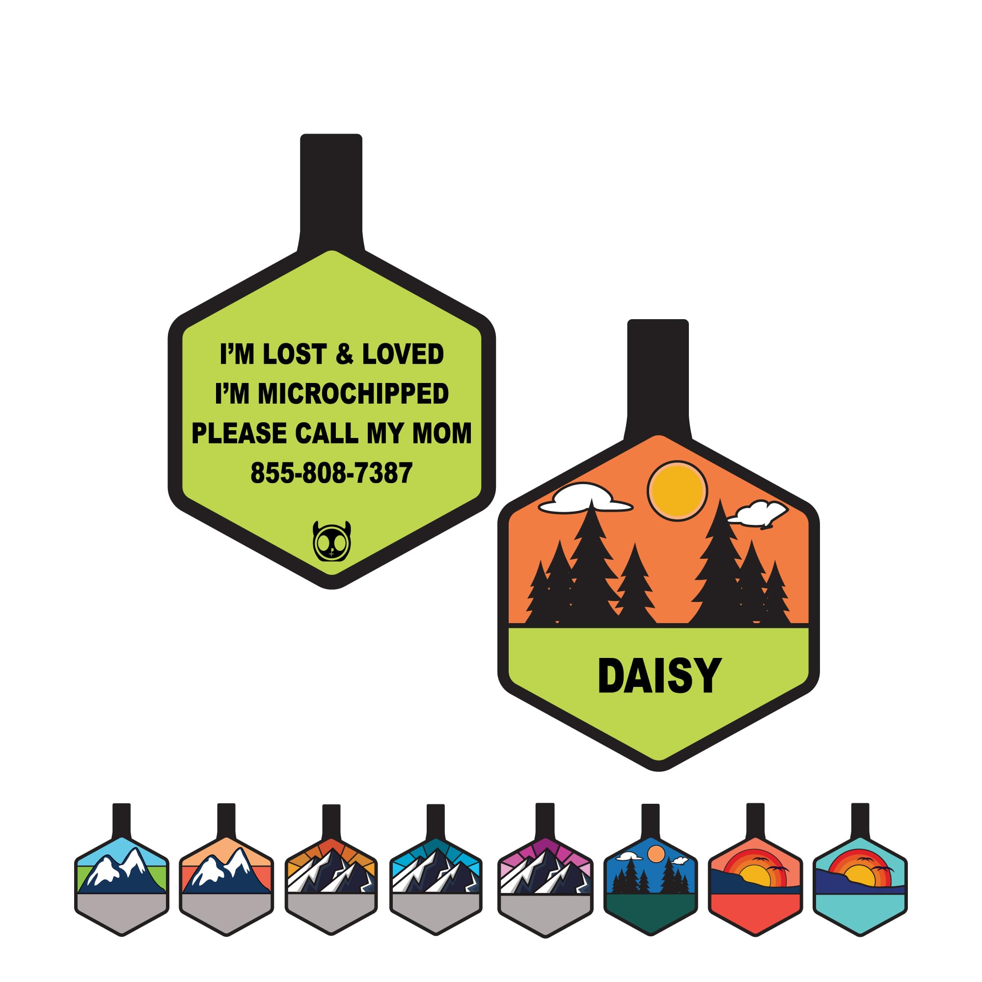 Silent Dog Tag Personalized with 5 Lines of Custom Deep Engraved Durable Soundless Silicone Pet ID Name Tag Hexagon Forest Day