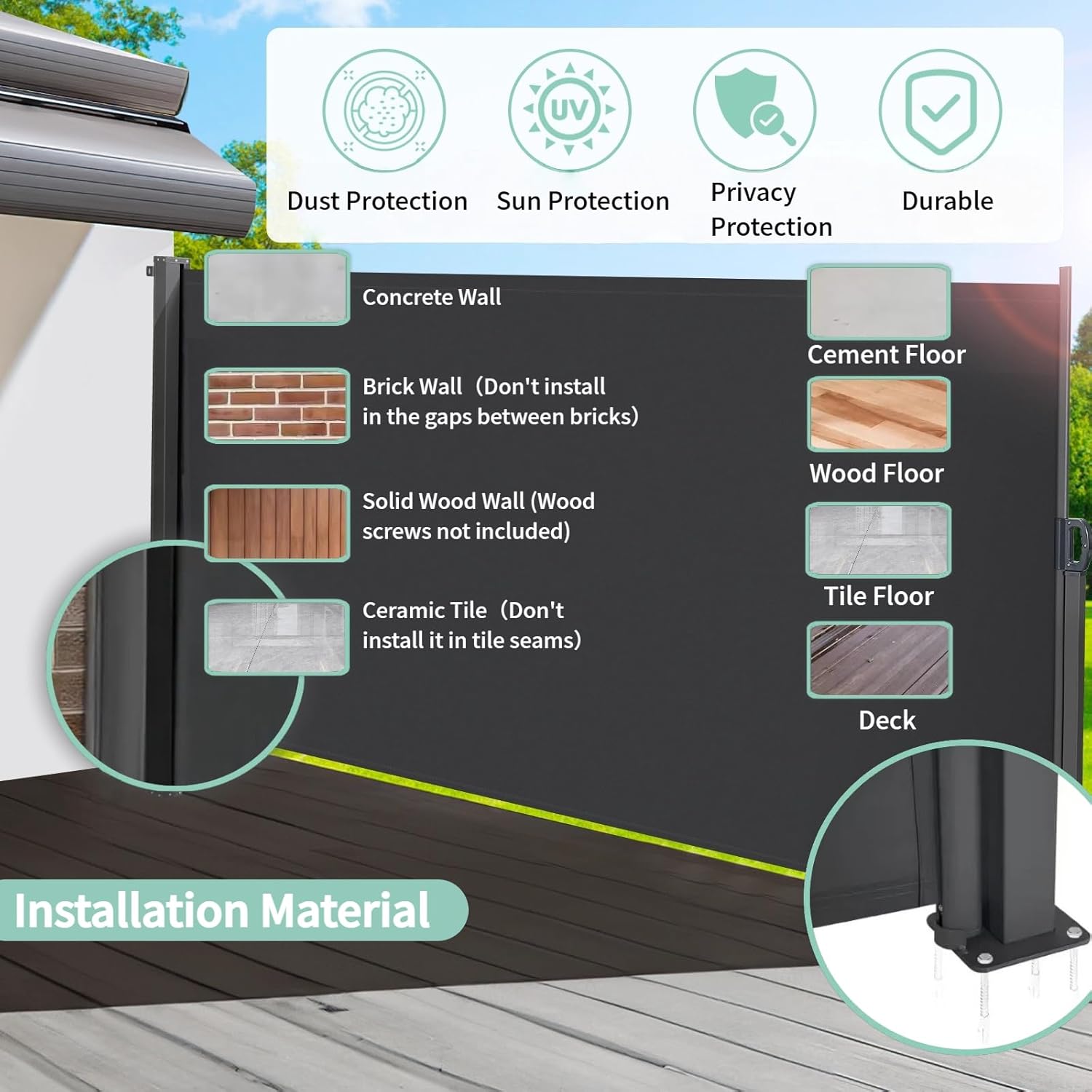 LIFERUN 118" x 71" Side Awning, Retractable Side Awning, Patio Retractable Side Screen, UV Resistant, Waterproof, Patio Privacy Screen for Garden, Balcony, Courtyard(Dark Grey)