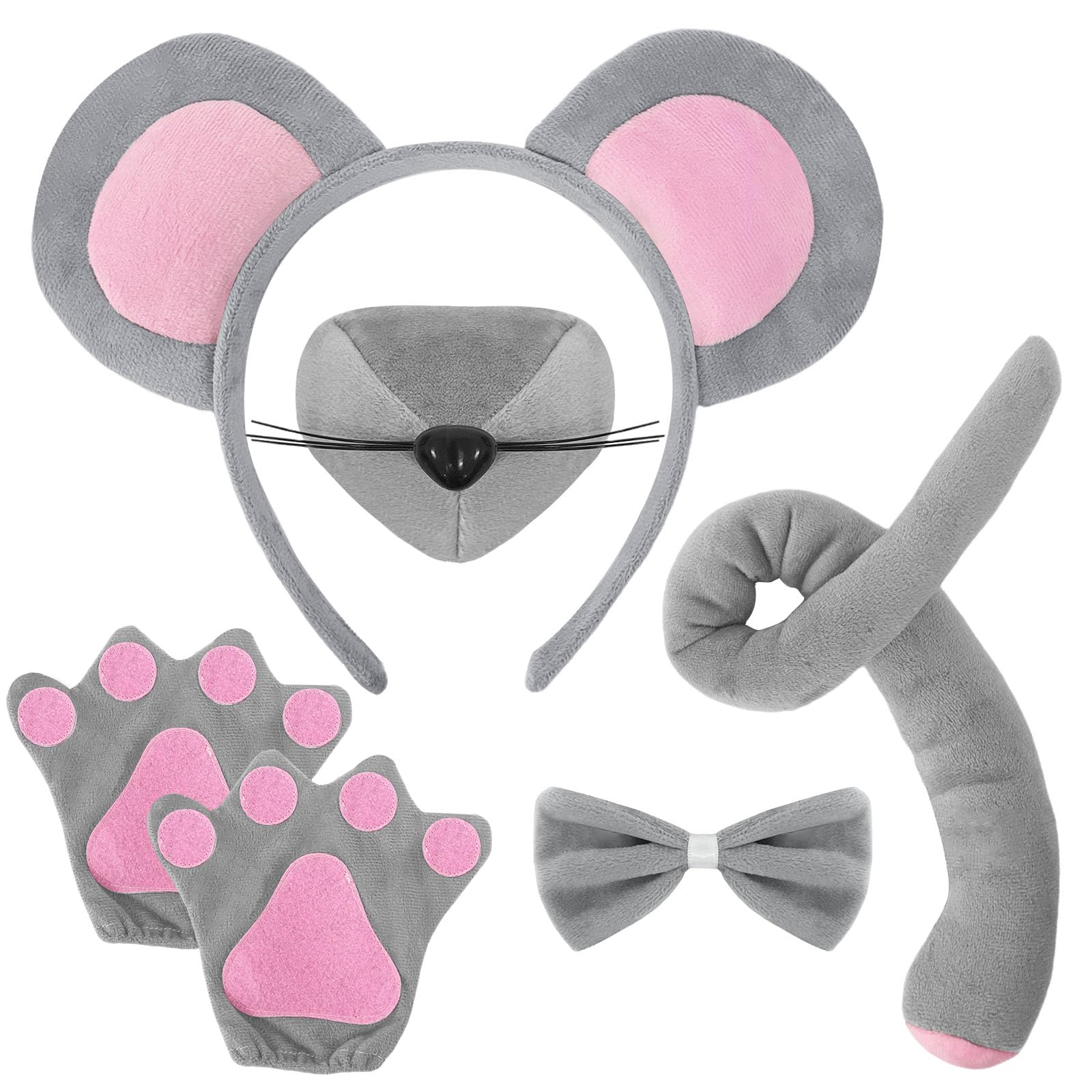 5Pcs Mouse Costume Accessory Set,Rat Costume Set With Ears Headband,Nose,Bowtie,Gloves,Tail for Halloween,Birthday,Cosplay Dress Up Grey,Christmas