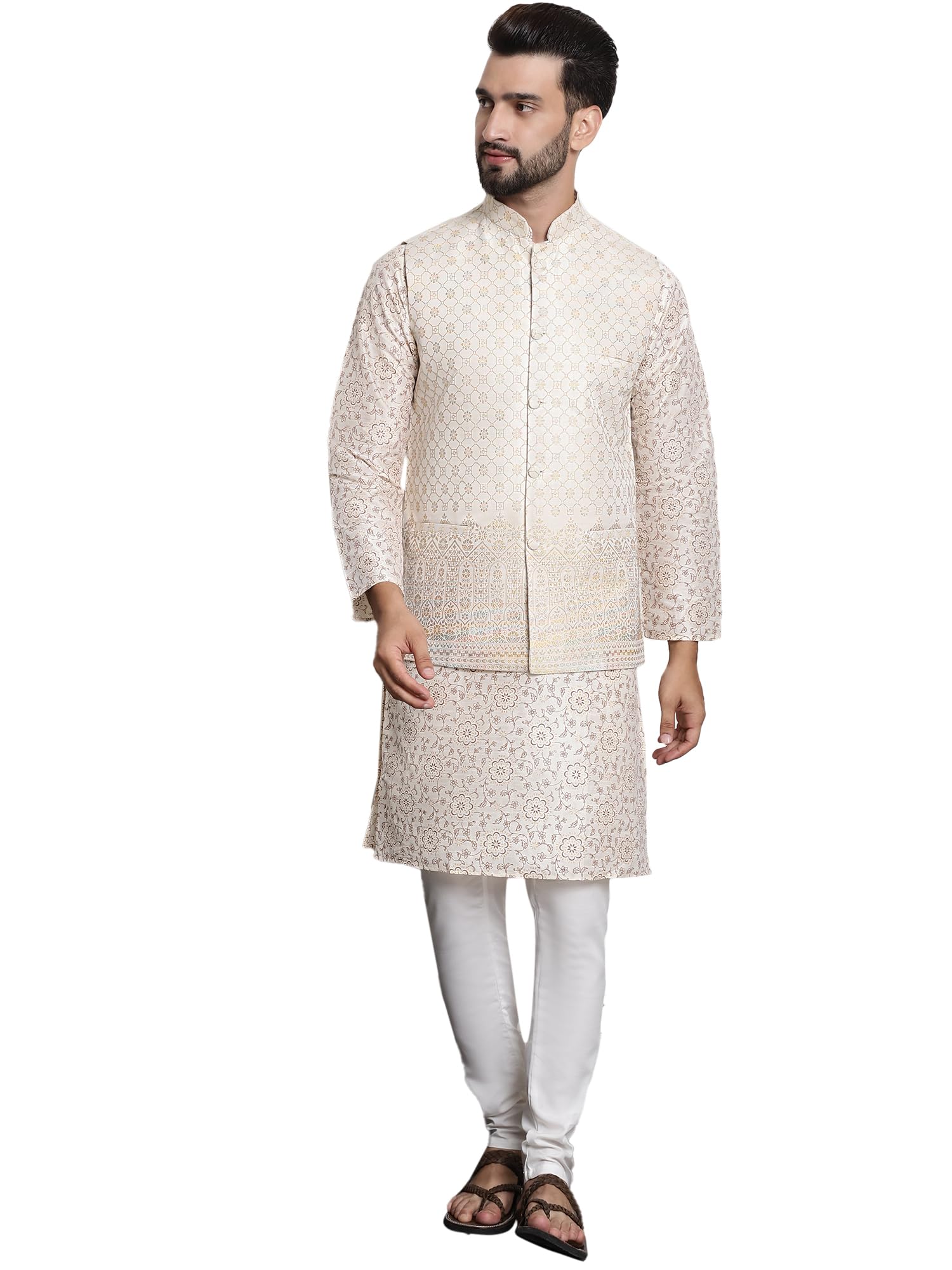 Sojanya Men's Silk Blend Floral Regular Kurta Pyjama With Nehru Jacket (V-Sjr-Sprt-48035-P01-Nj-Damn-83-Crm-44, Cream, Seagreen And Pink