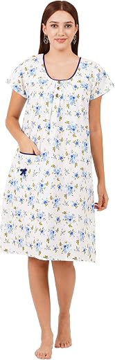 Breezly Woman's Long Short Calf Length Pure Cotton Nighty Light Blue