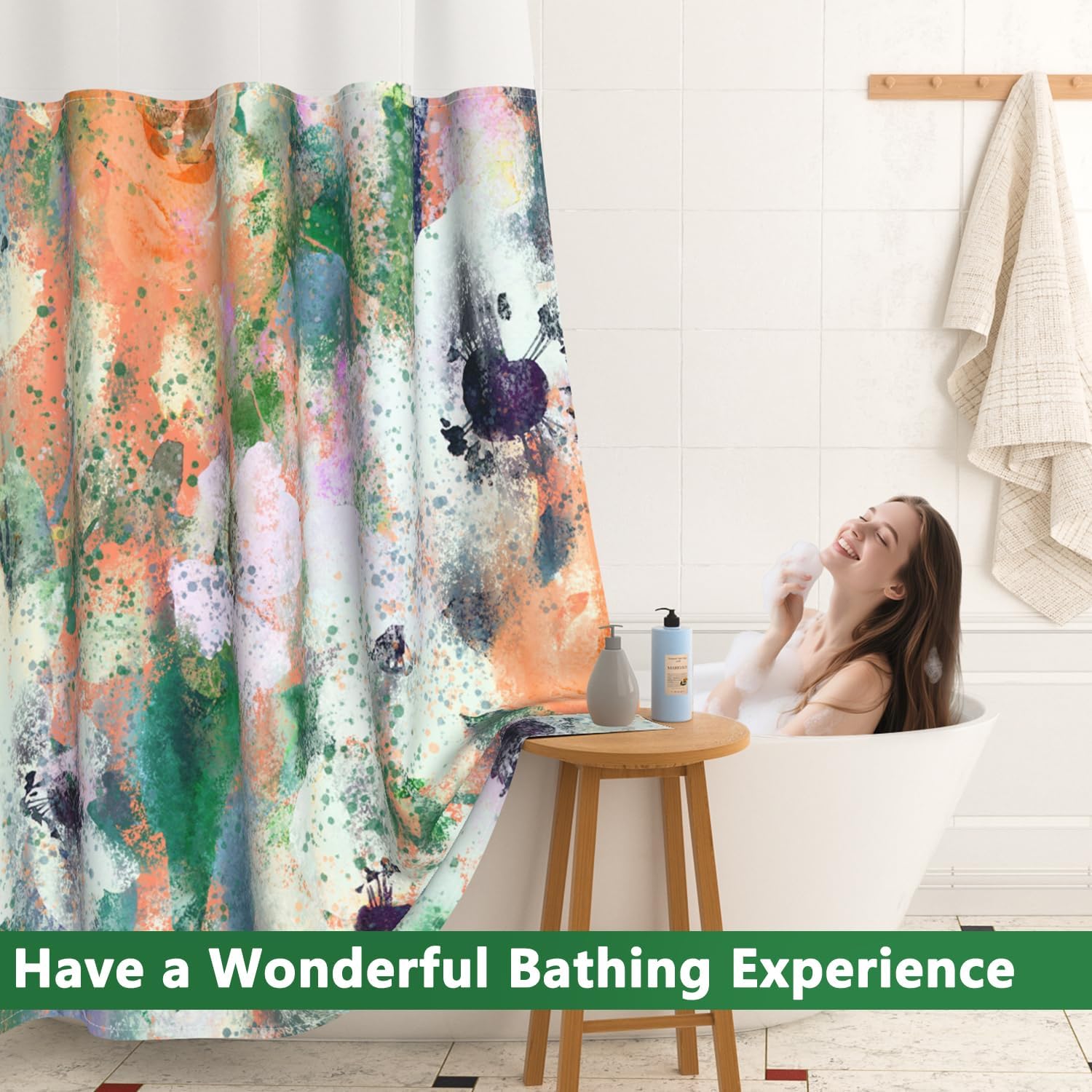 Abstract Colorful Shower Curtain with Snap in Liner, Hotel Style Waterproof Fabric Shower Curtain with Mesh Top Window, Watercolor Green Yellow Modern Aesthetic Bathroom Curtains Decor, 71x74 Inch