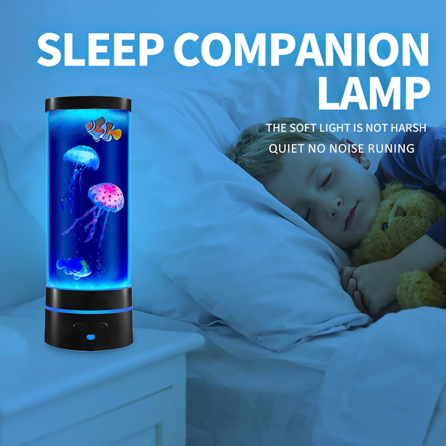 14" Black Minimalist Cylinder Jellyfish Lamp with Remote Control,with 3 Jellyfish (2 Large + 1 Small),16 Color Changes,with Stylish Blue Base Light,USB Powered,for Bedroom and Office Decoration