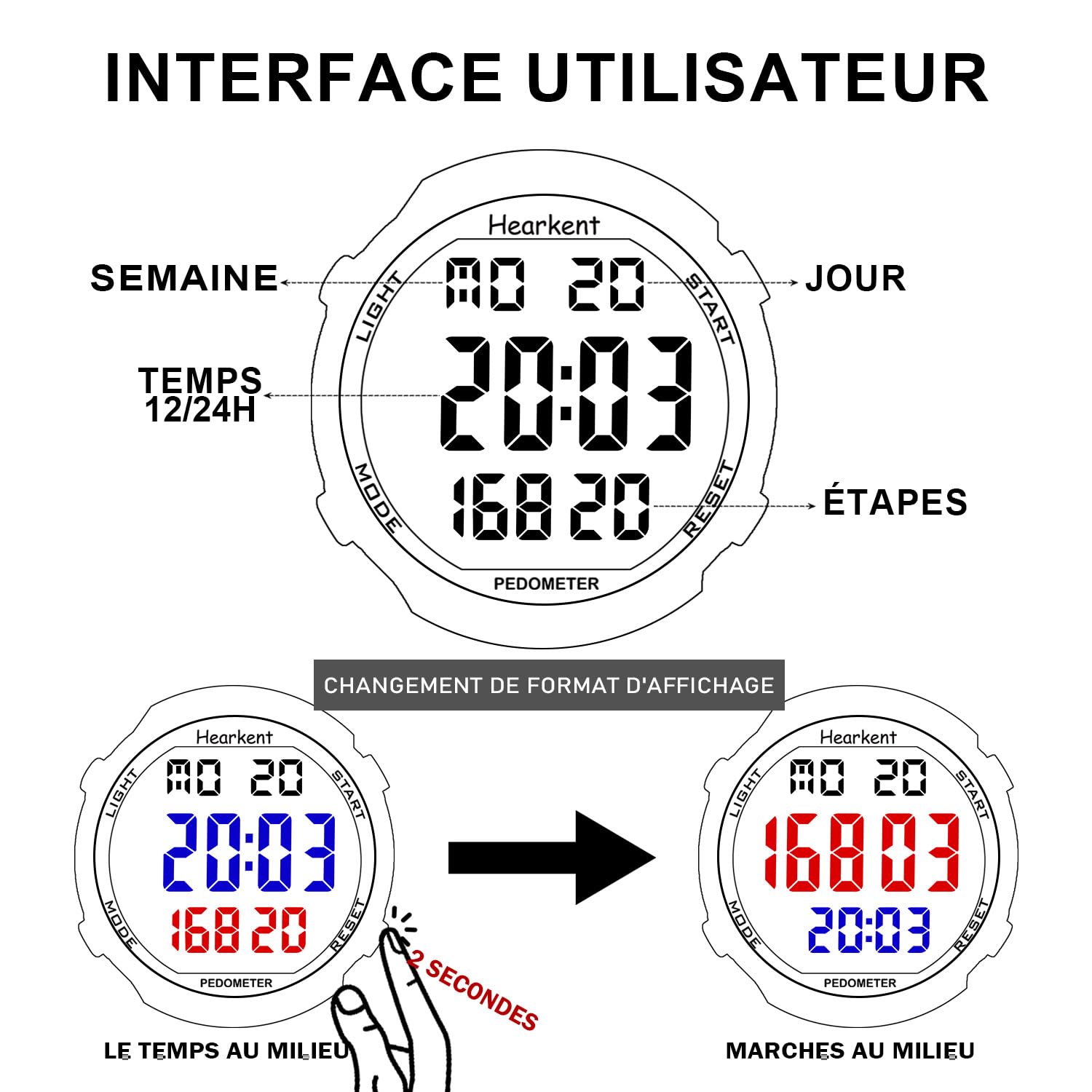 Hearkent Montre podomètre étanche pour Personnes âgées, sans Bluetooth, sans Application, Montre avec Compteur de Pas (Noir)