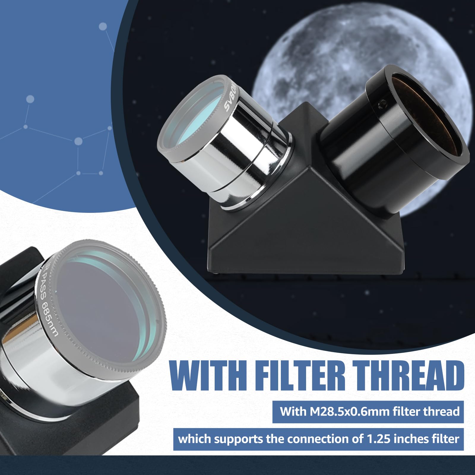Svbony SV221 Specchio Diagonale, Adattatore Diagonale da 1,25pollici a 90 Gradi con Anello di Pressione in Ottone Accessori per Oculare Telescopio in Alluminio per Osservazioni Astronomiche da Terra