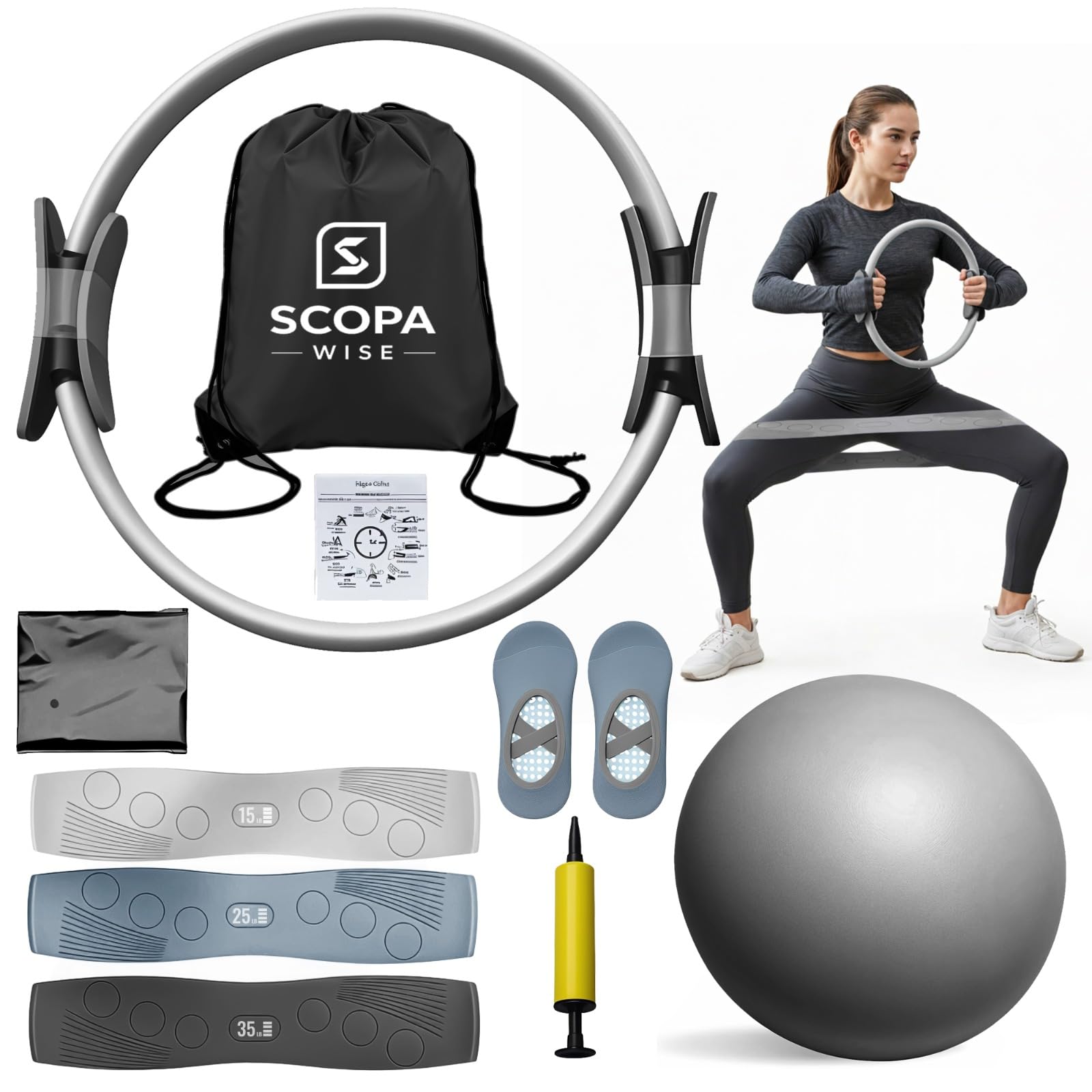 Pilates Ring Set for Women | 14" Magic Circle Pilates Kit with 3 Resistance Band women, Pilates Ball, Yoga Strap & Pump. Includes Carry Bag | Home Workout pilates Equipment for Strength & Flexibility — image 1