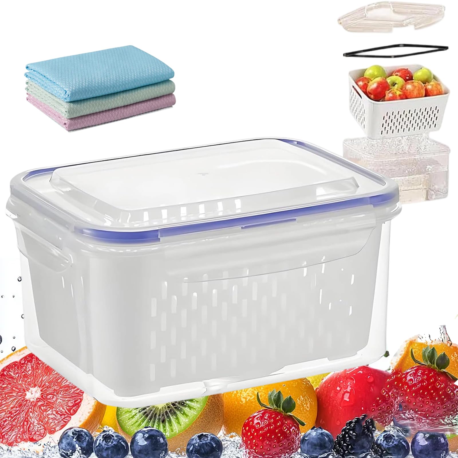 Frischhaltedose mit Ablaufkorb, 4 in 1 transparenter Kunststoff-Organizer für Kühlschrank, hält frisch und ordentlich, ideal für Obst und Gemüse, 3300 ml Fassungsvermögen