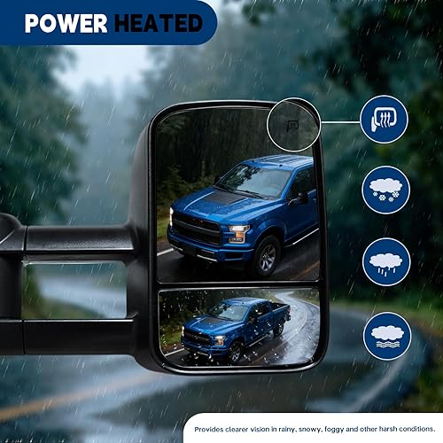 Miniatura 6 de AERDM Nuevo par de espejos de remolque con operación eléctrica, calefactados, texturizados en negro, telescópicos, espejos laterales para remolques,