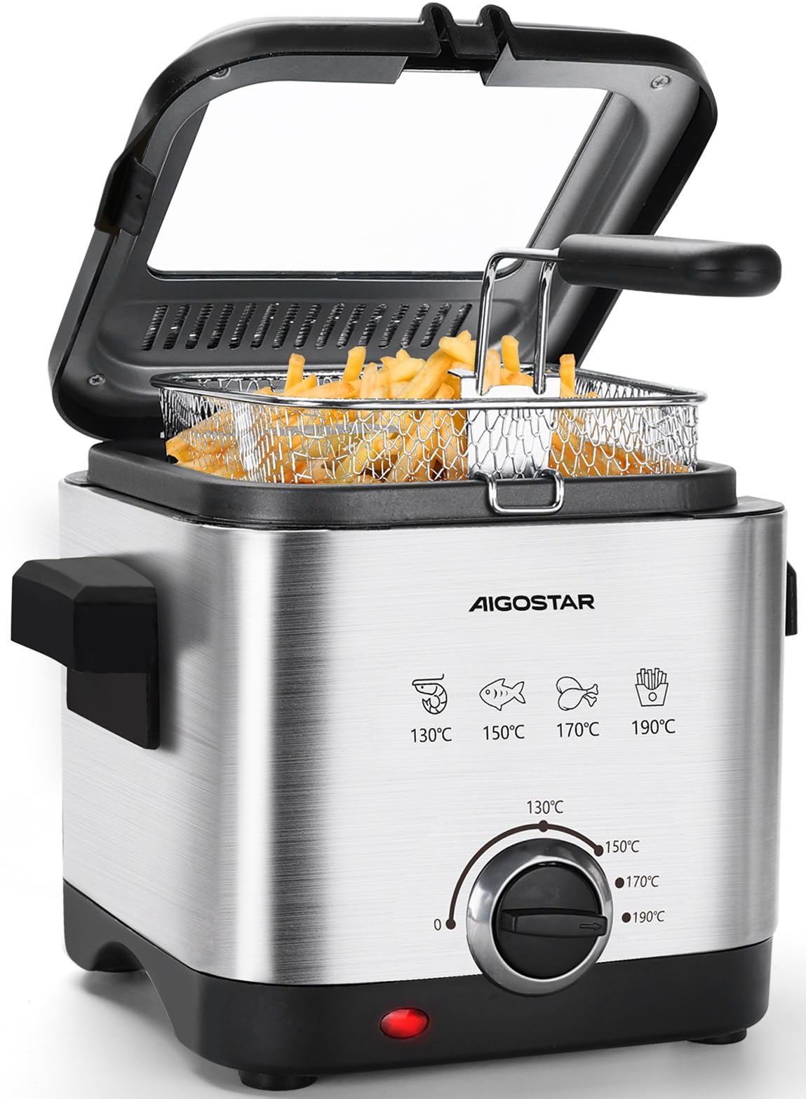 Aigostar Fries 30IZD - Freidora compacta de 1,5 litros, libre de BPA, 1000 watios con gran ventana transparente y temperatura ajustable. Acero inoxidable de tipo 304. Diseño exclusivo