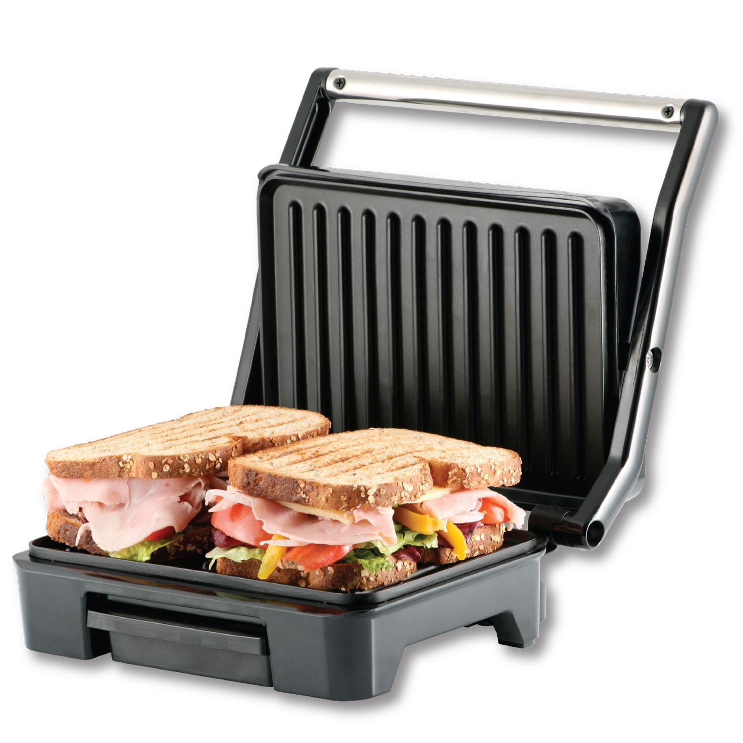 HomeTronix Panini Press & Grill Sandwich Maker โ Non-Stick Plates, Removable Drip Tray & Floating Hinge for Deep-Fill Toasted Sandwiches | Low-Fat Grilling and Healthy Cooking