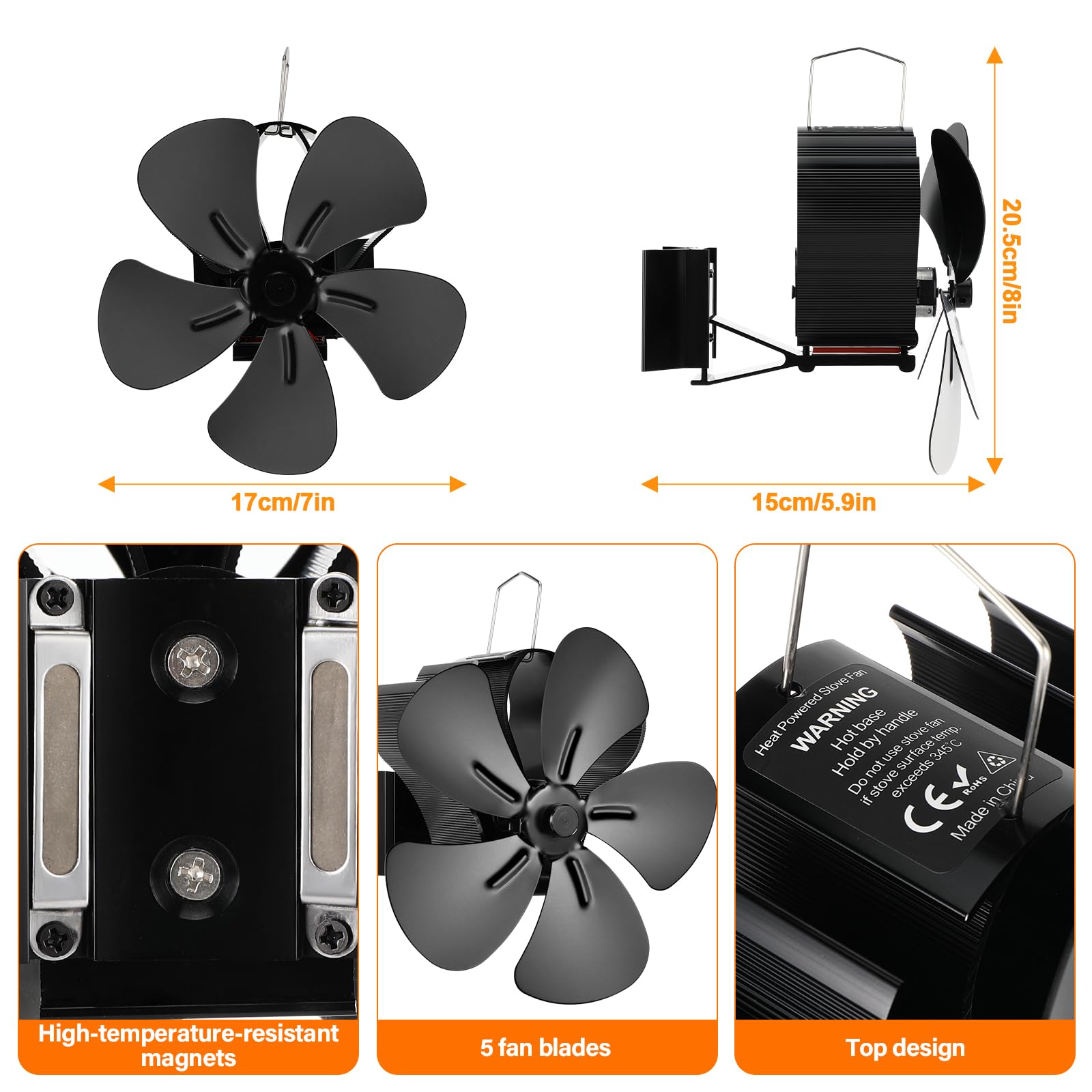 Ventilador Magnético para Estufa de Leña, Ventilador de Chimenea de 5 Aspas, Silencioso y de Bajo Consumo, No Requiere Electricidad, Circulación de Aire Caliente Para Estufas de Pellets/Gas