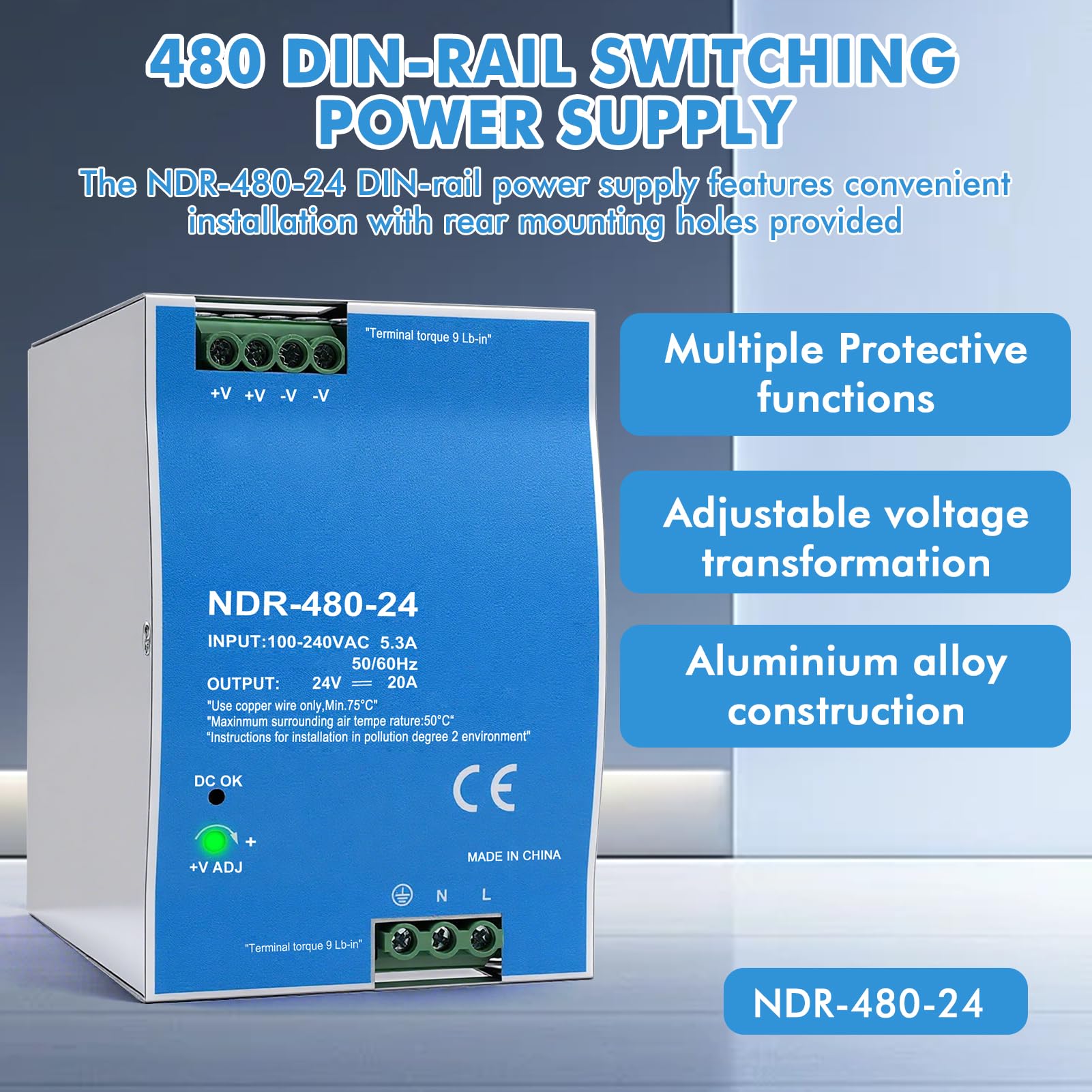 Fuente de alimentación carril DIN 24V 20A 480W transformador din rail Entrada AC100-240V 5.3A salida DC 24V 20A fuente de alimentacion DIN Rail industrial NDR-480-24