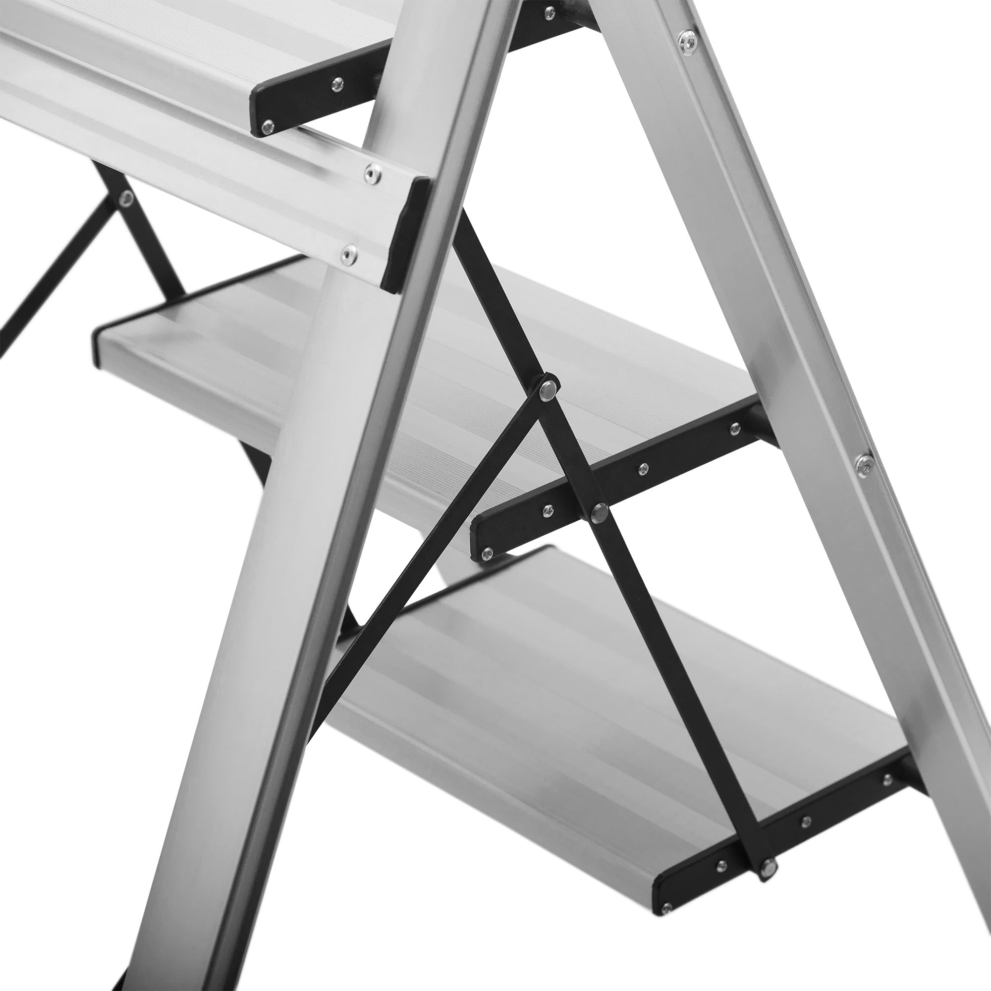 Escaleras Plegables Alumino, Escalera de Aluminio Plana Plegable y con peldaño Ancho, Ligera, Robusta y Resistente. Normativa EN-131, hasta 150kgs (Negro, 3 Peldaños)