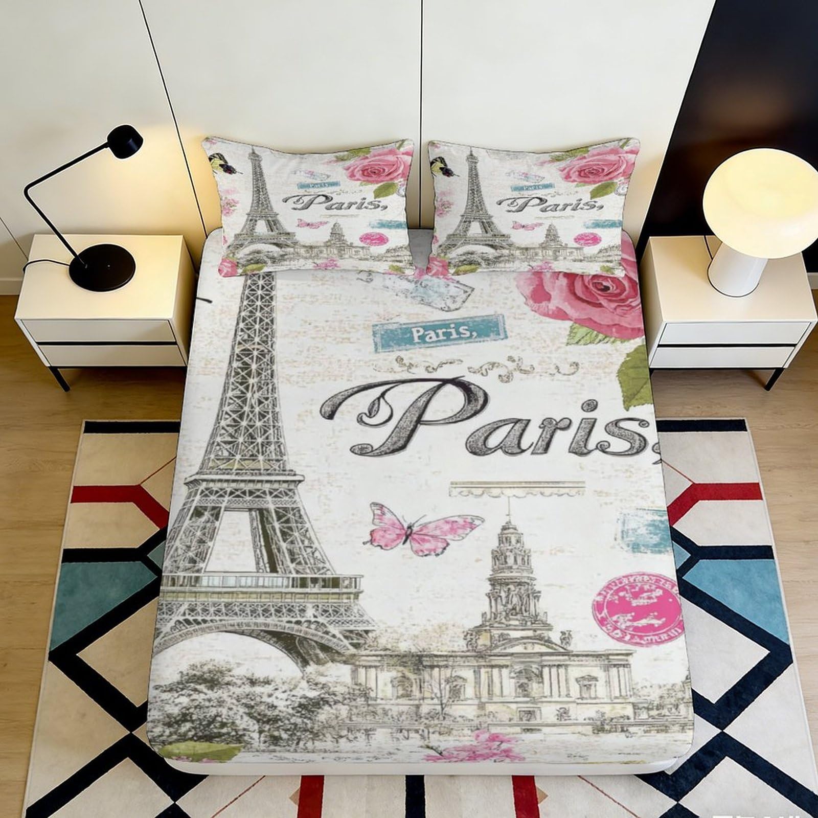 3D Printed Eiffel Tower Paris Fitted Sheet Microfiber Soft Romantic Rose Bed Cover Bedroom Decor Dustproof 90x200x25cm