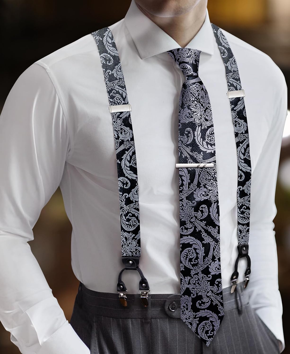 Barry.Wang Men Suspender Set with Necktie Elastic Y Type Heavy Duty 6 Clips Braces Tie Handkerchief Cufflink Pin 6PCS