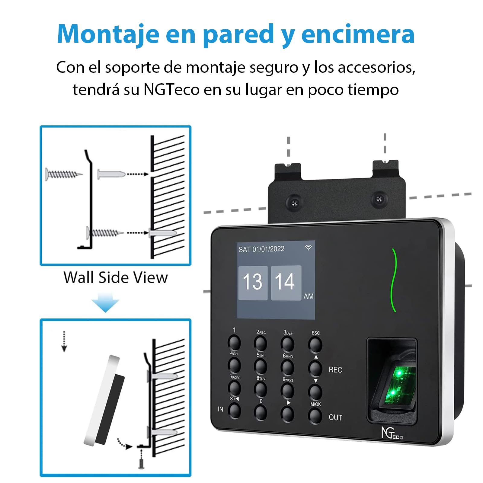 NGTeco Reloj de fichar, Control horario empleados, Máquina de Asistencia Biométrica de Huellas Dactilares WiFi en Lengua española, aplicación para iOS y Android (0 Tarifa Mensual)