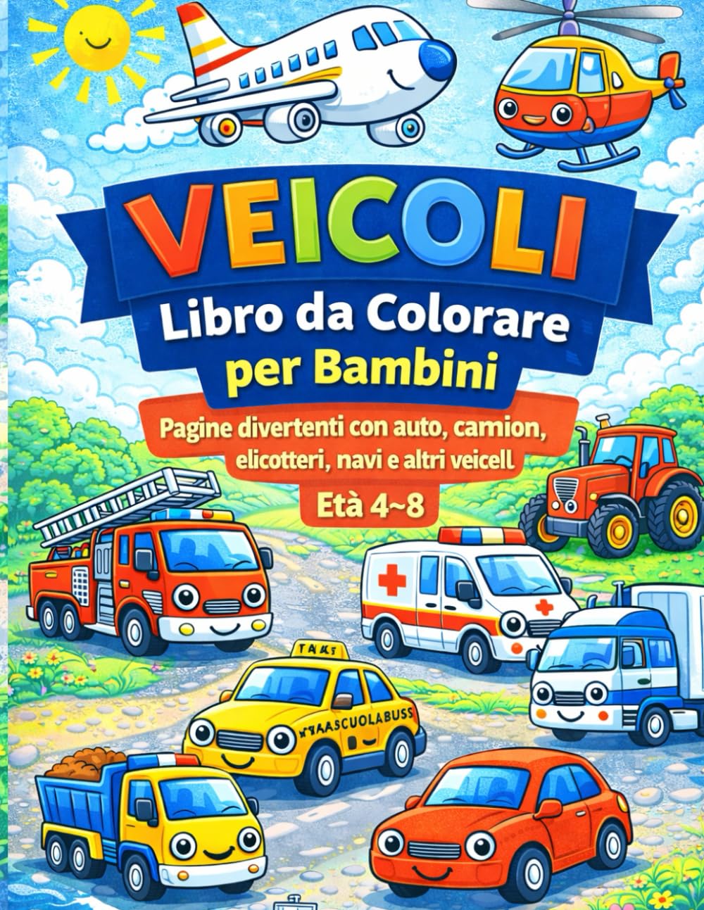 Veicoli – Libro da Colorare per Bambini: Auto, Camion, Autobus, Aerei, Navi e Molti Altri Veicoli Disegni Divertenti e Semplici per Bambini dai 4 agli 8 Anni